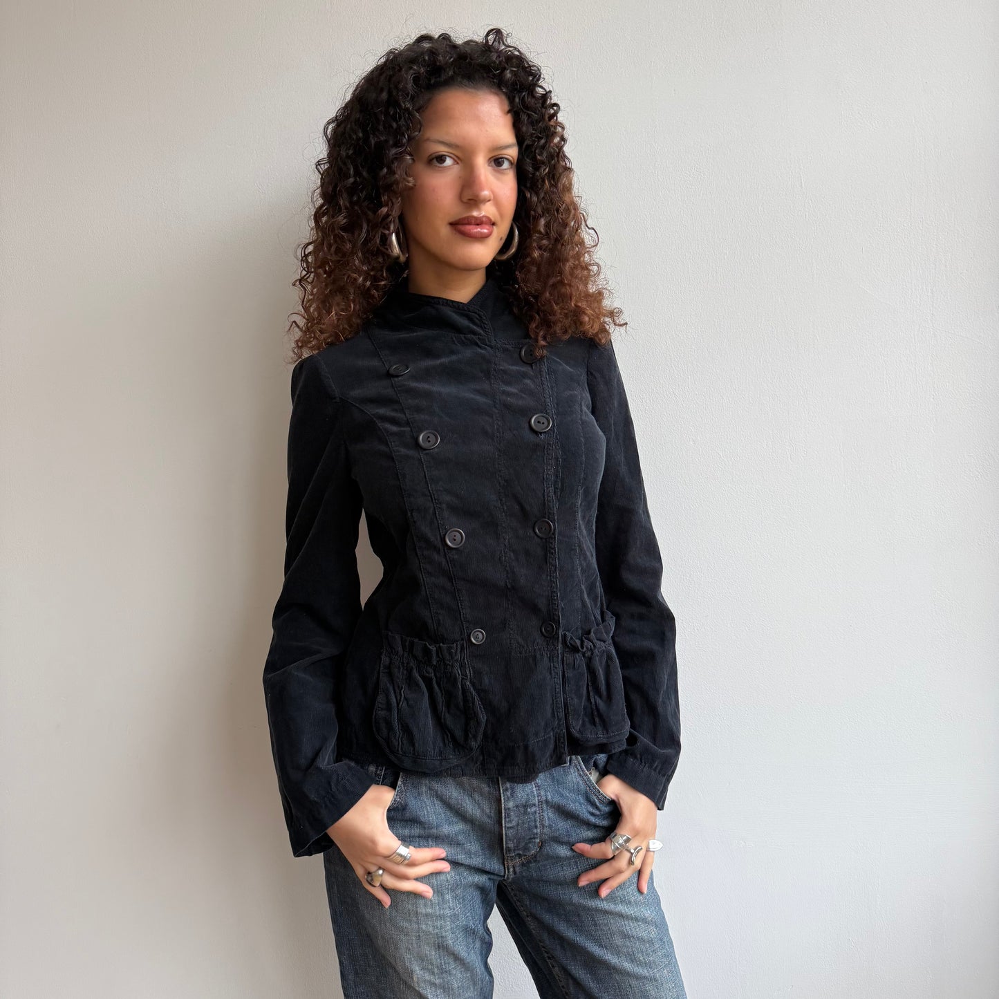 Black velours military peacoat - Size L