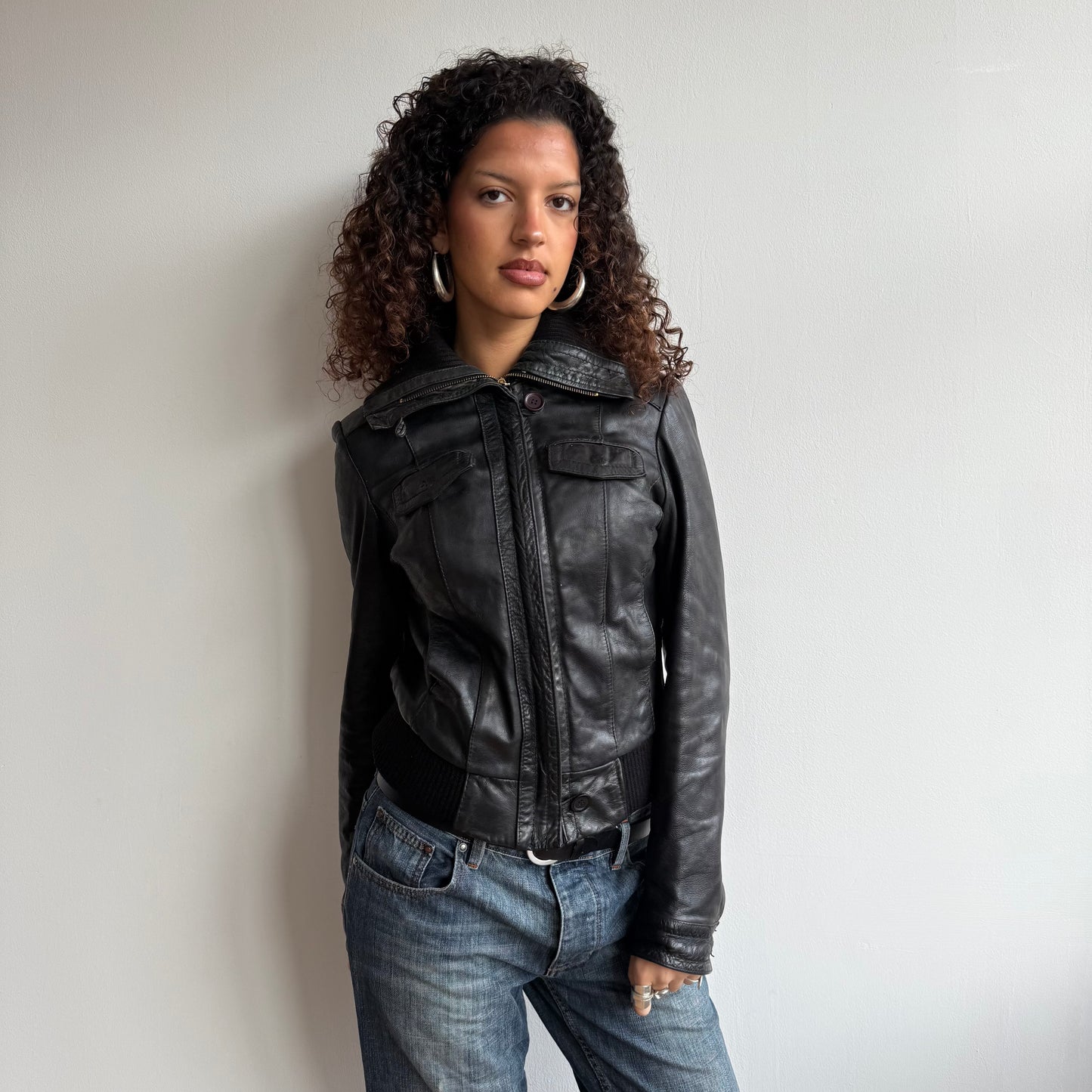 Black leather cargo jacket - Size S/M