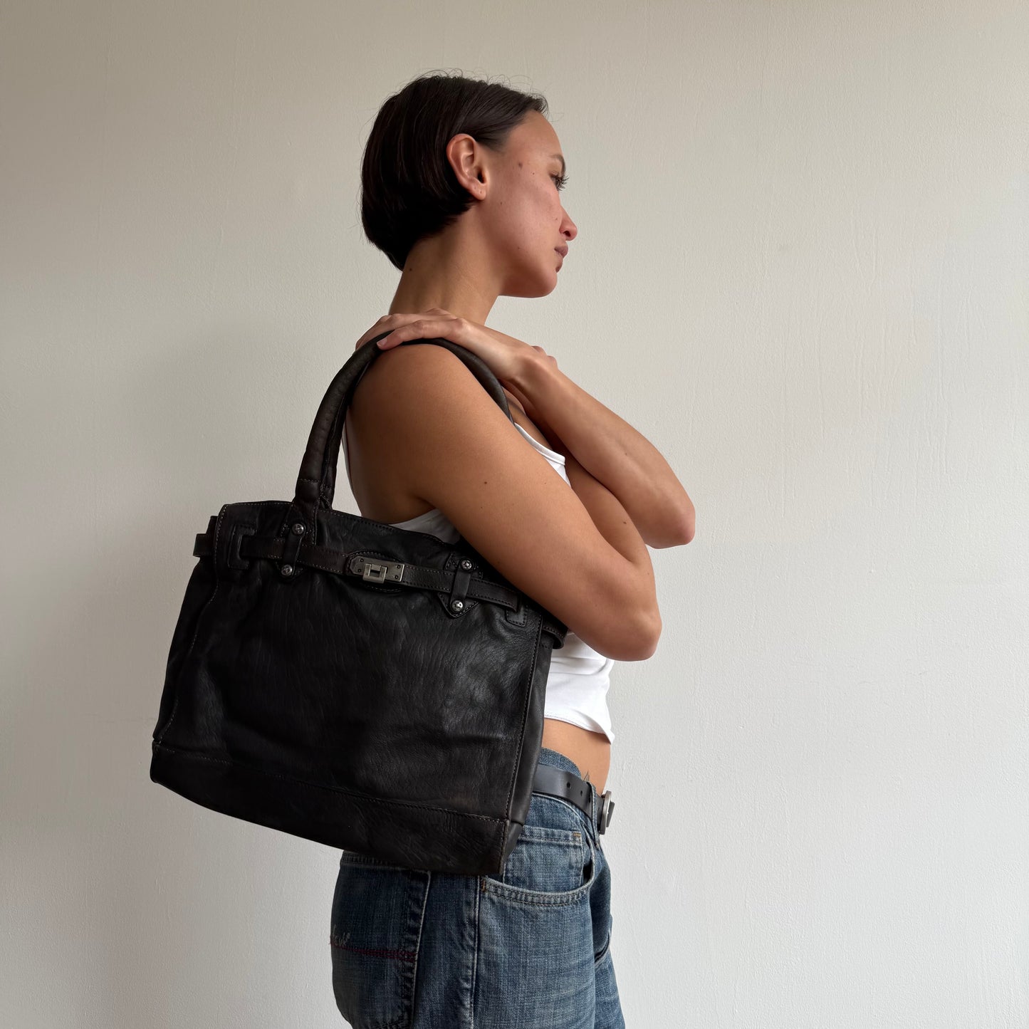 Brown mini leather ‘firkin’ bag - One Size