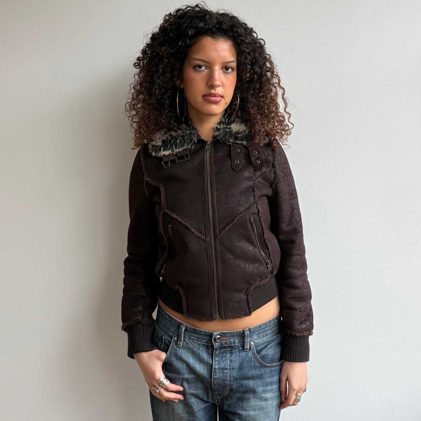 Brown faux suede fur collar bomber - Size S + M