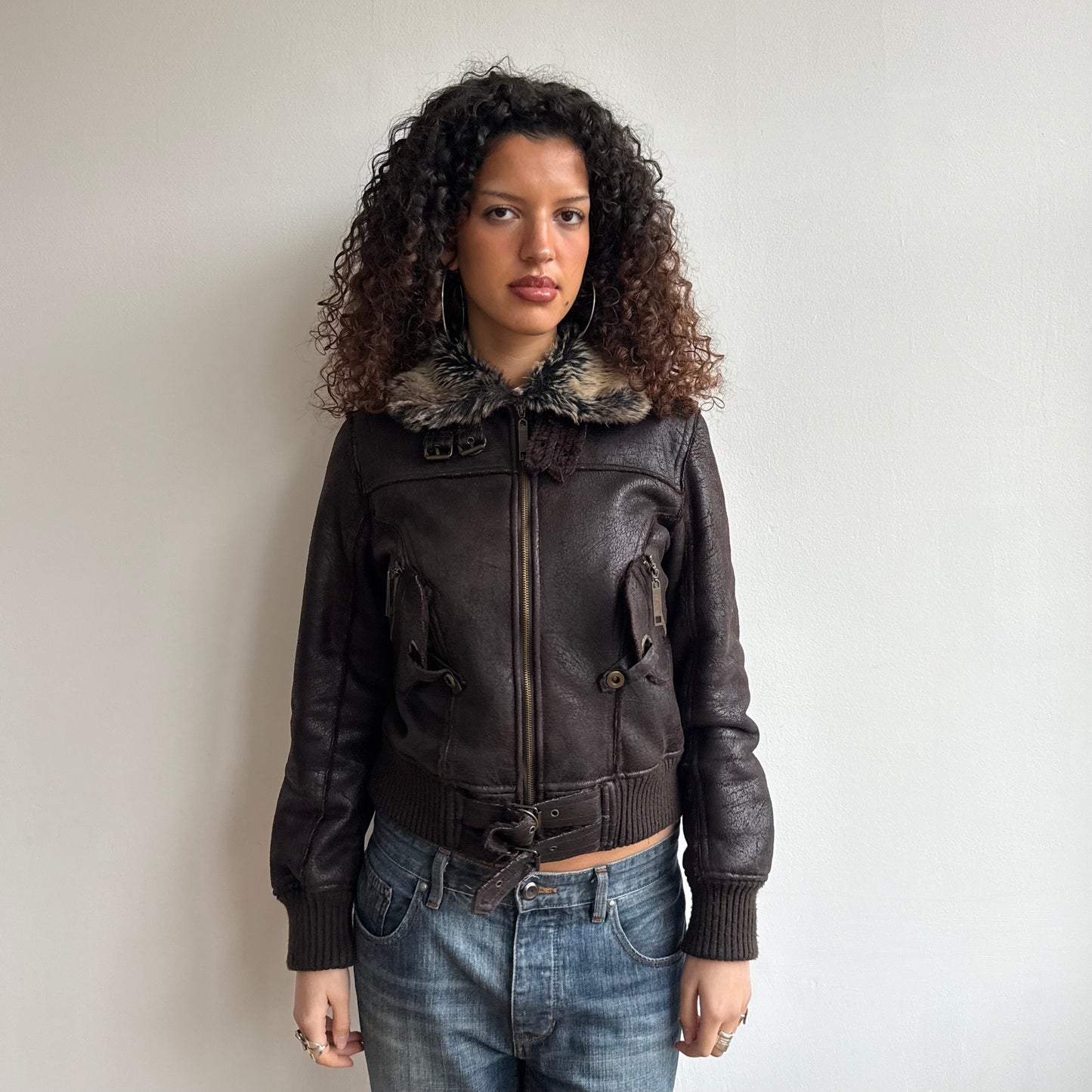 Brown buckle faux suede bomber - Size S
