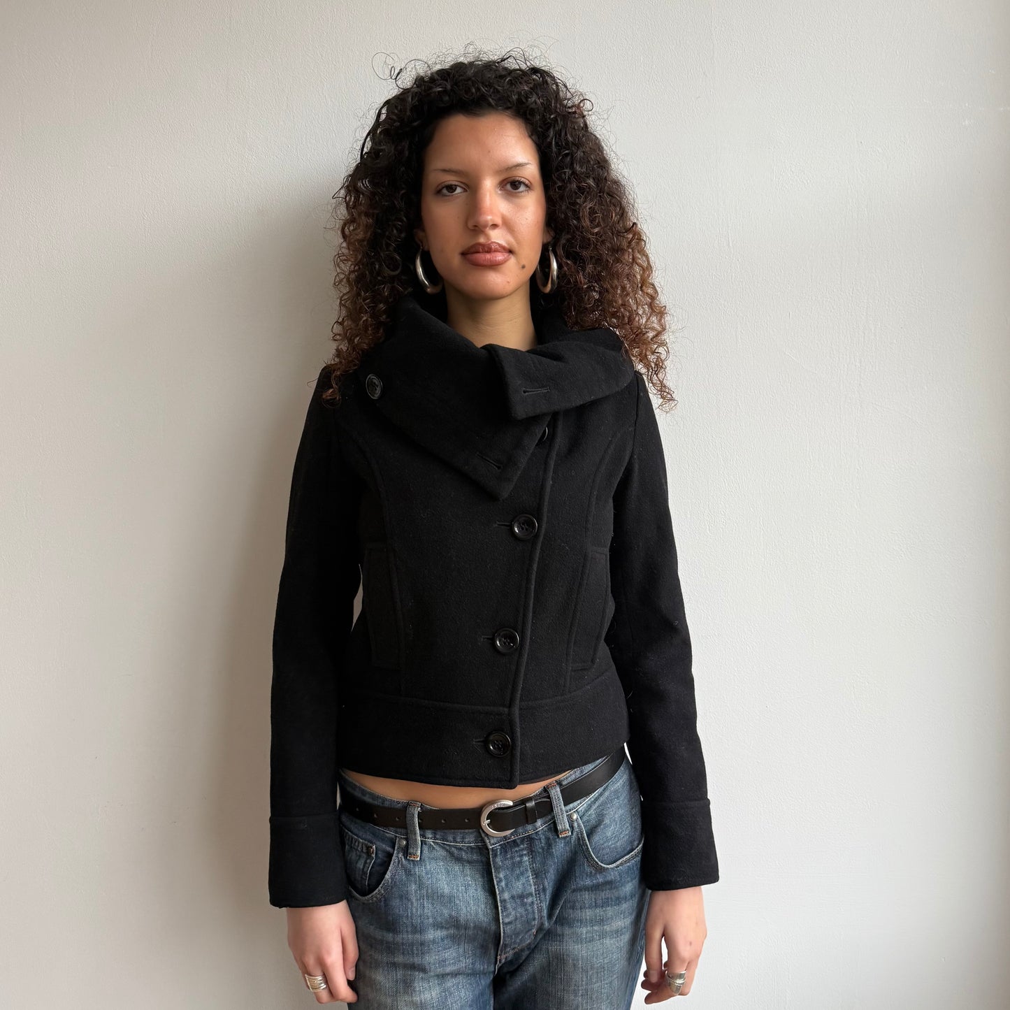 Black asymmetric funnel neck coat - Size S