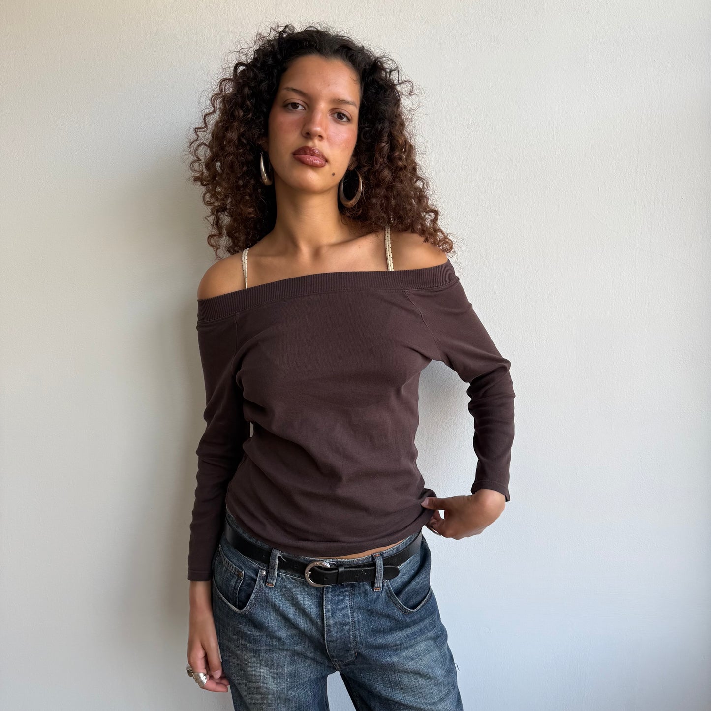 Brown bardot 3/4 sleeve top - Size S