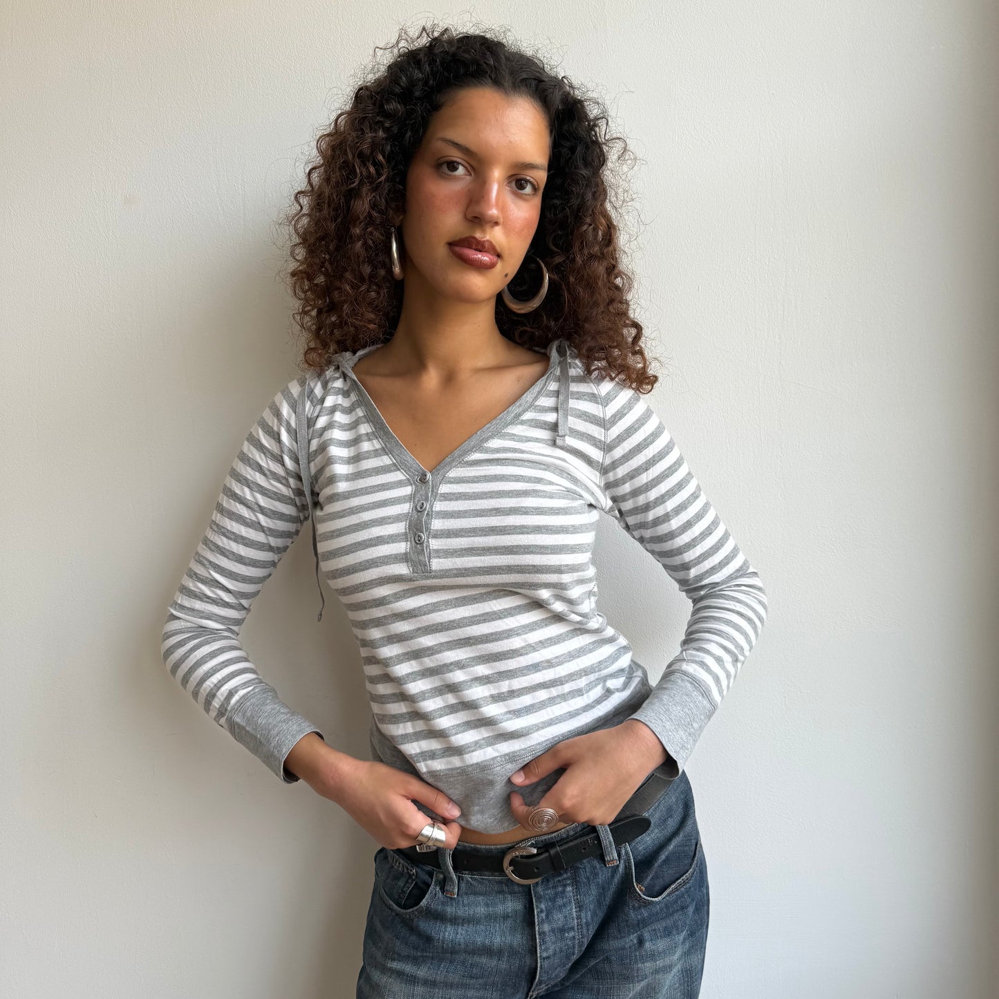 Grey stripe hooded top - Size S