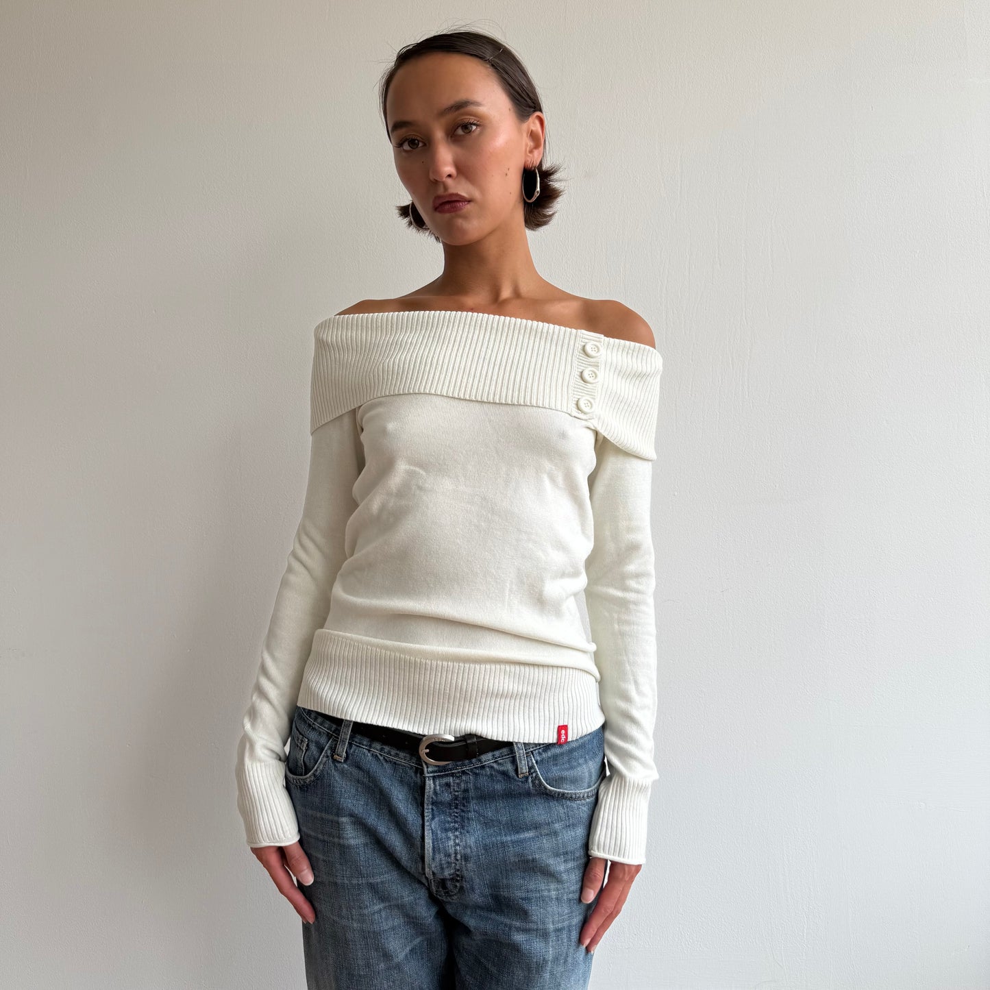 Cream button Bardot knit - Size M
