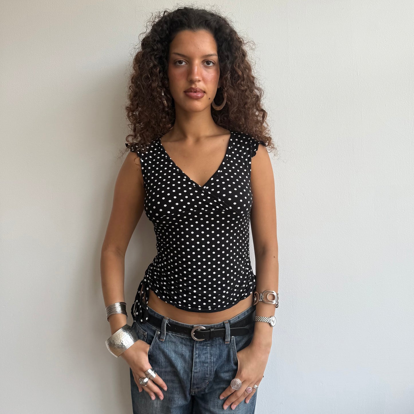 Polka dot ruched tie side t-shirt - Size S