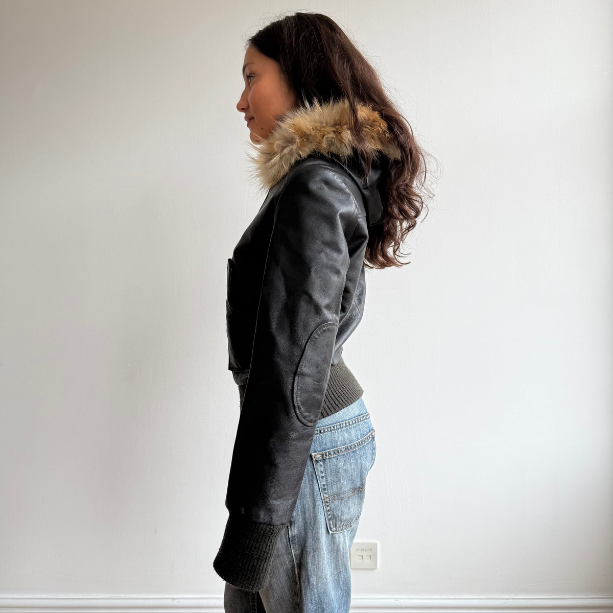 Black leather fur hood bomber - Size S