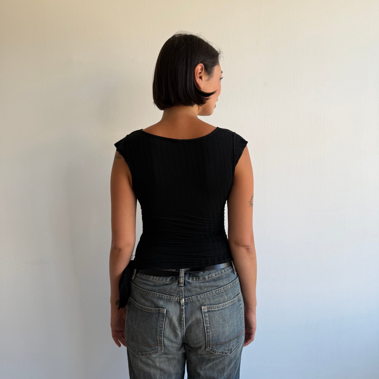 Black ribbed wrap tie side top - Size S