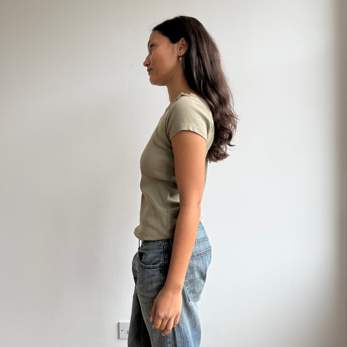 Khaki short sleeve button top - Size M