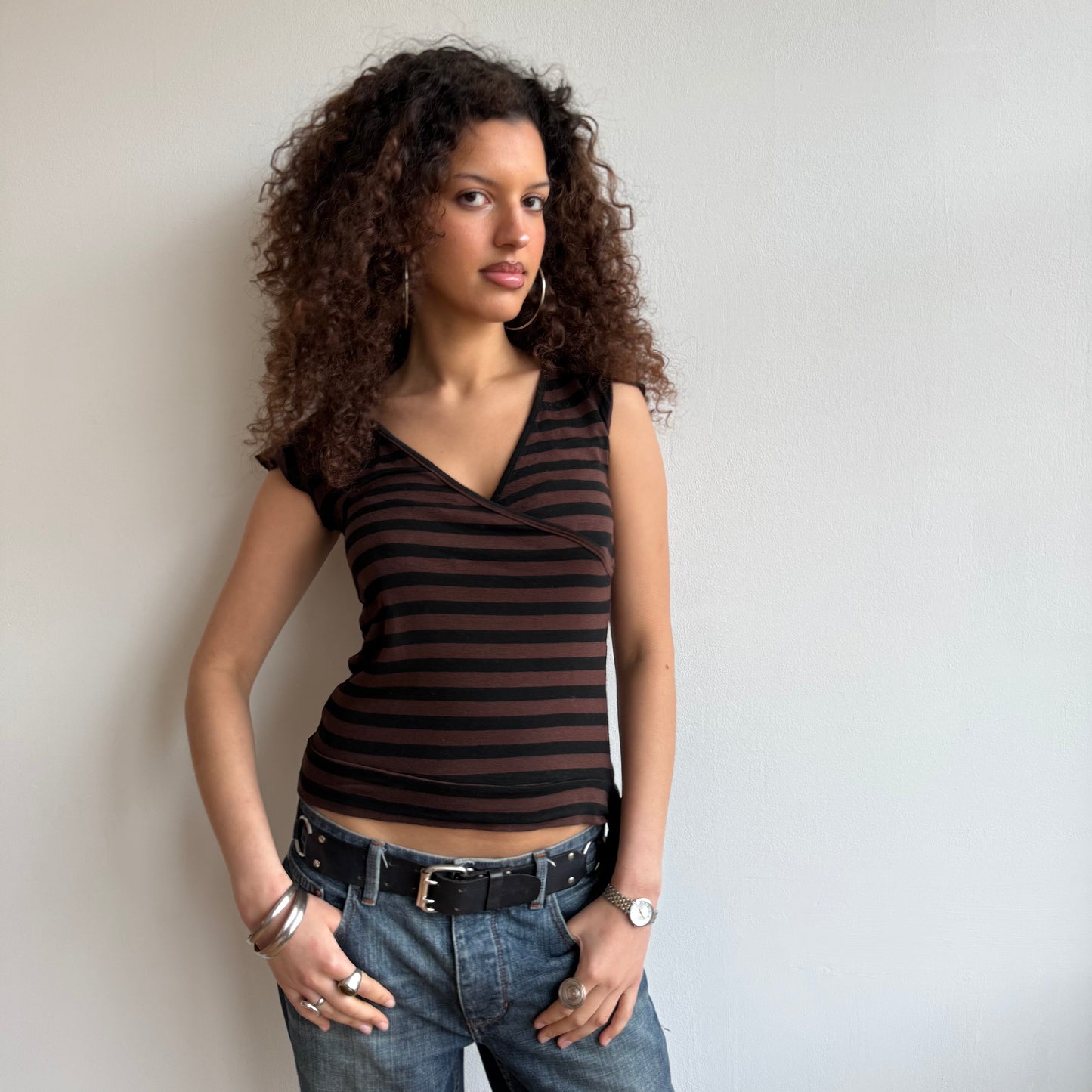 Brown striped ballet wrap top - Size M