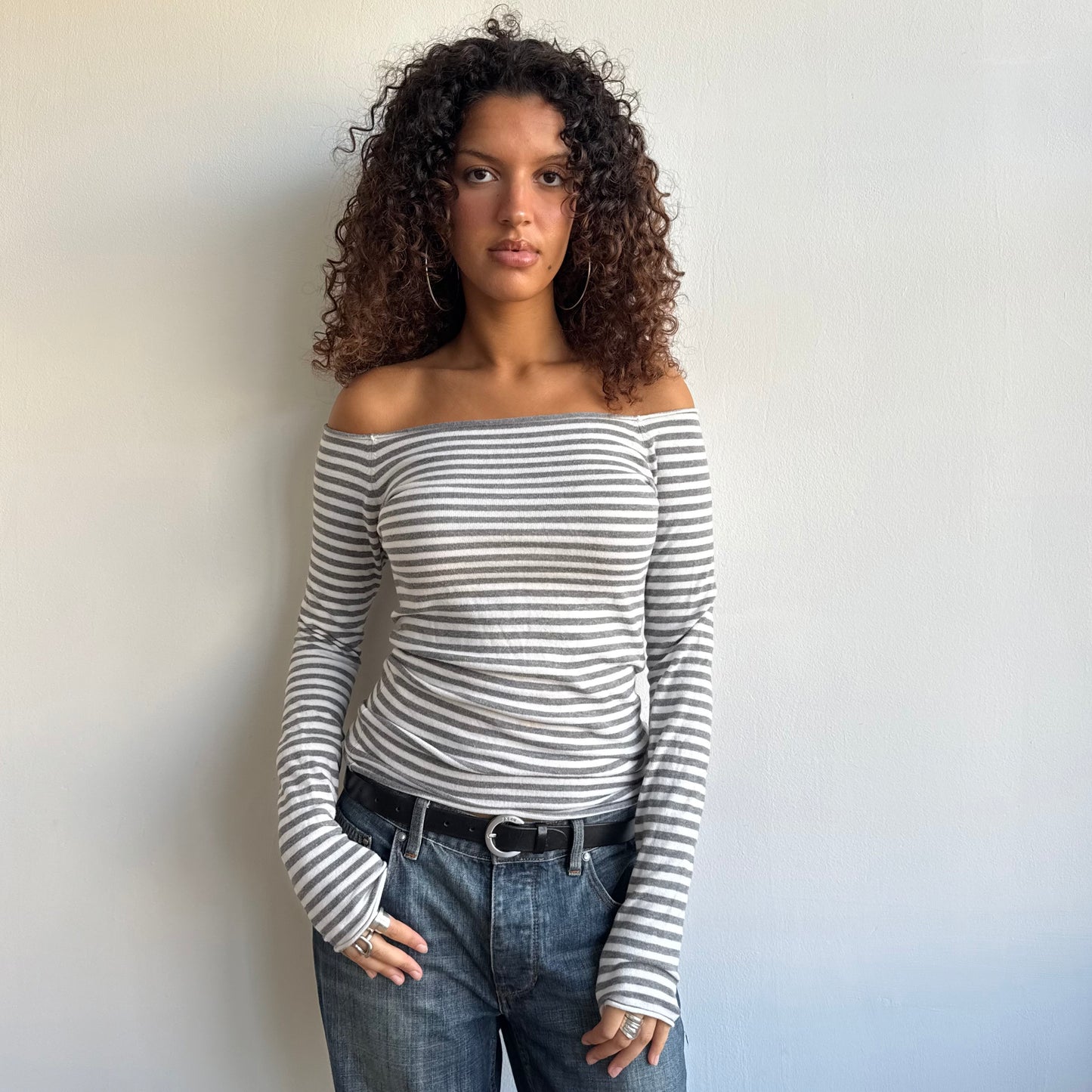 Grey + white striped Bardot top - Size S/M
