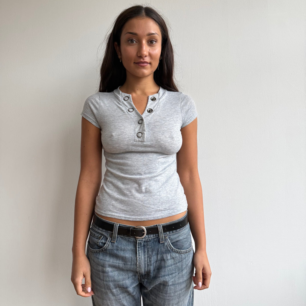 Grey popper short sleeve top - Size S