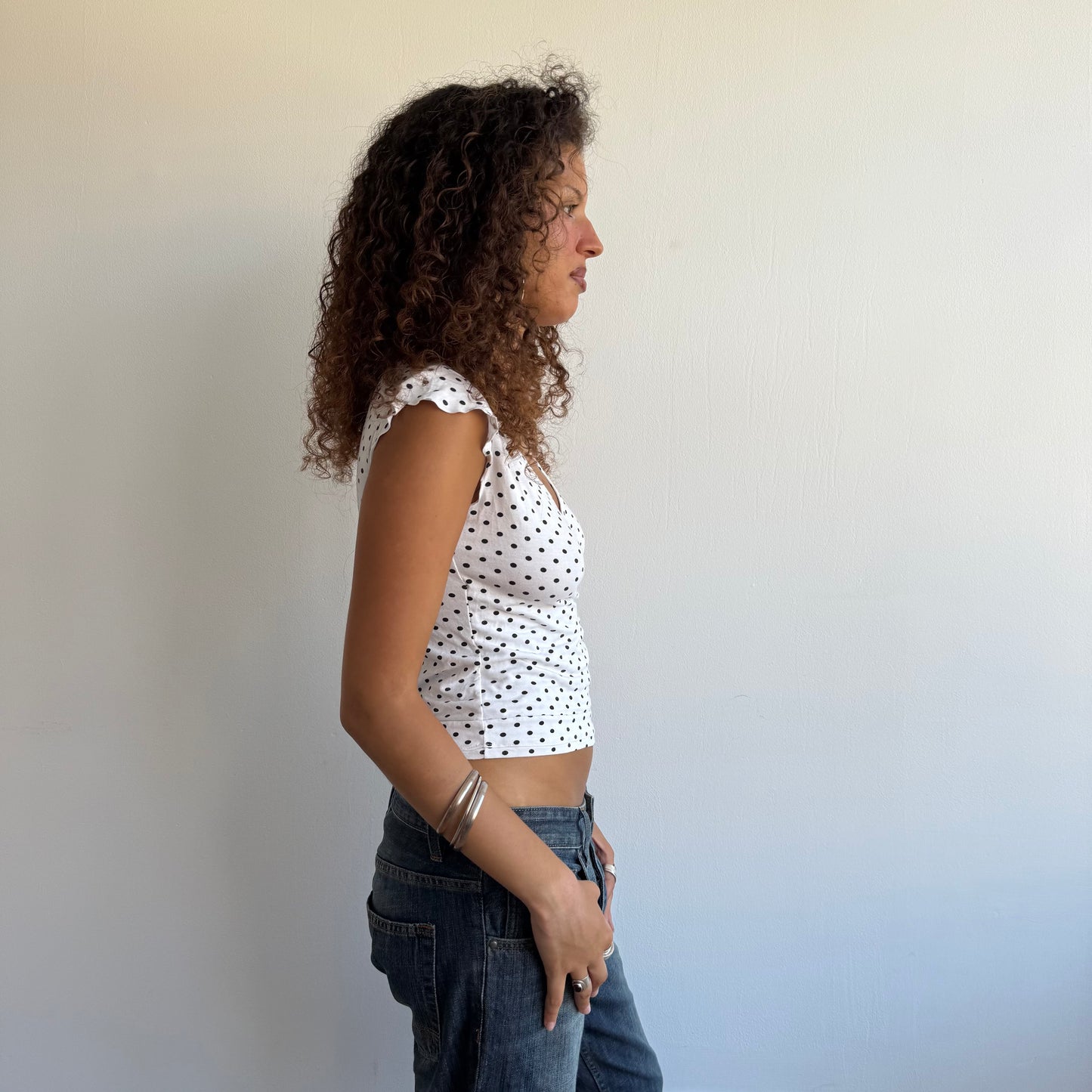 White polka dot wrap top - Size S + M