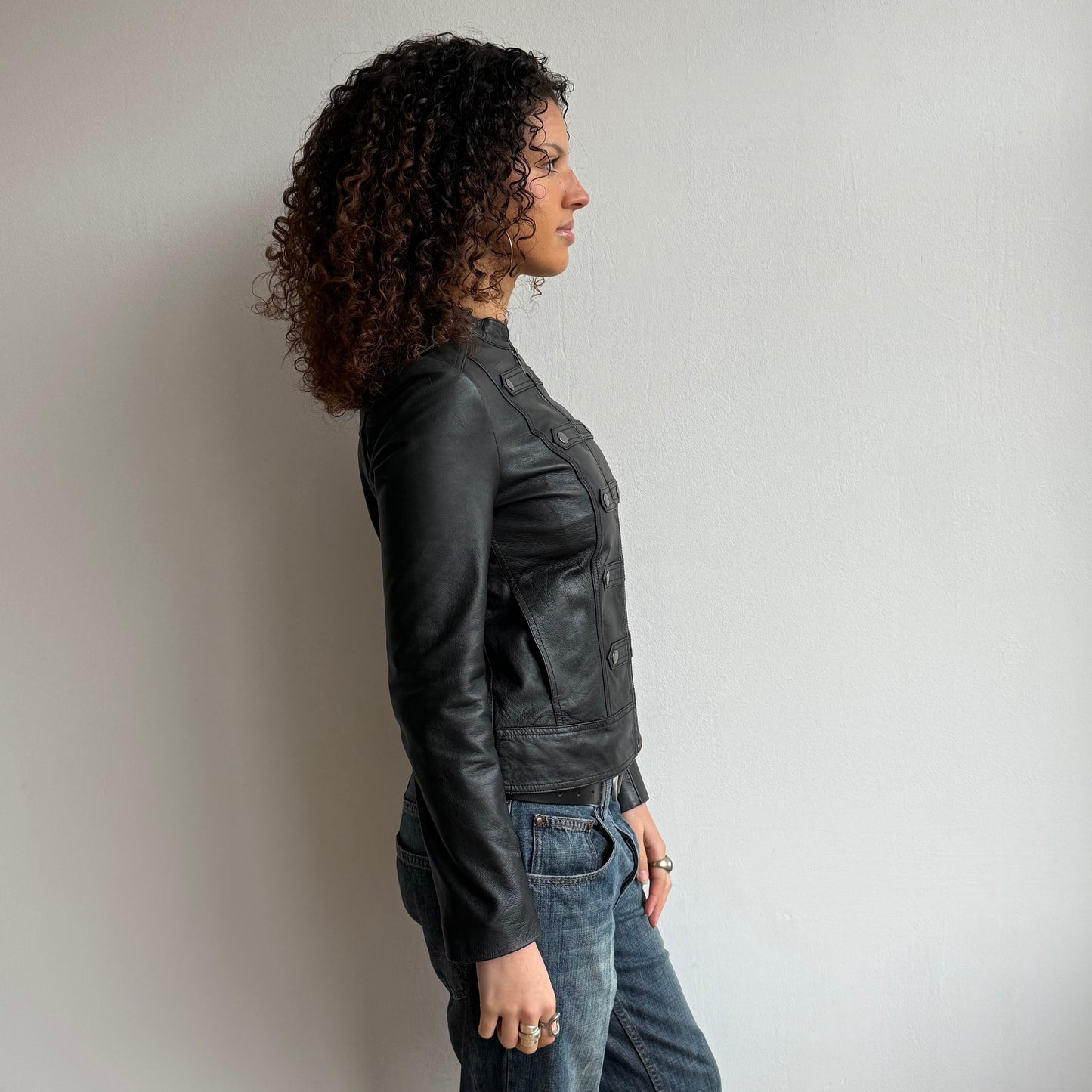 Black leather military jacket - Size M