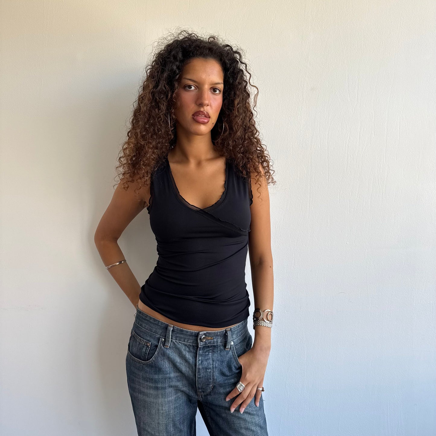 Black wrap ruffle top - Size S + M