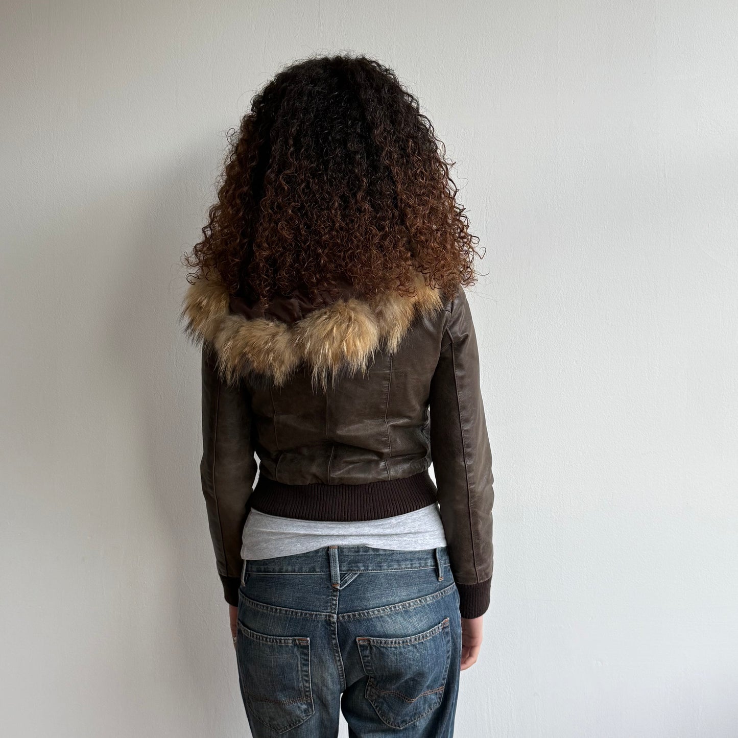 Brown leather fur hood bomber - Size S