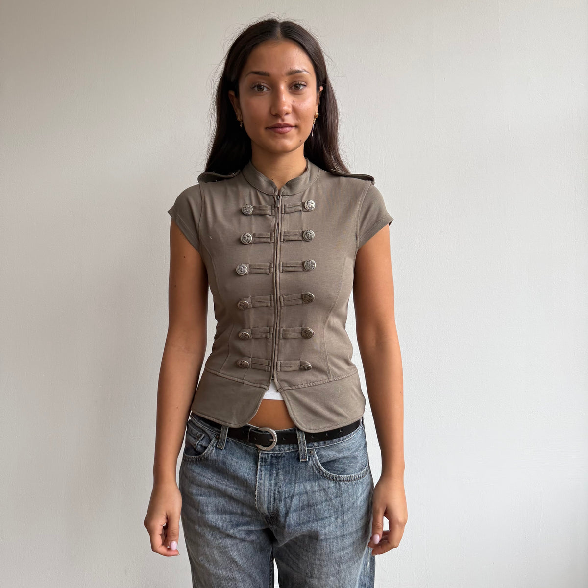 Khaki military zip up jumper - Size S