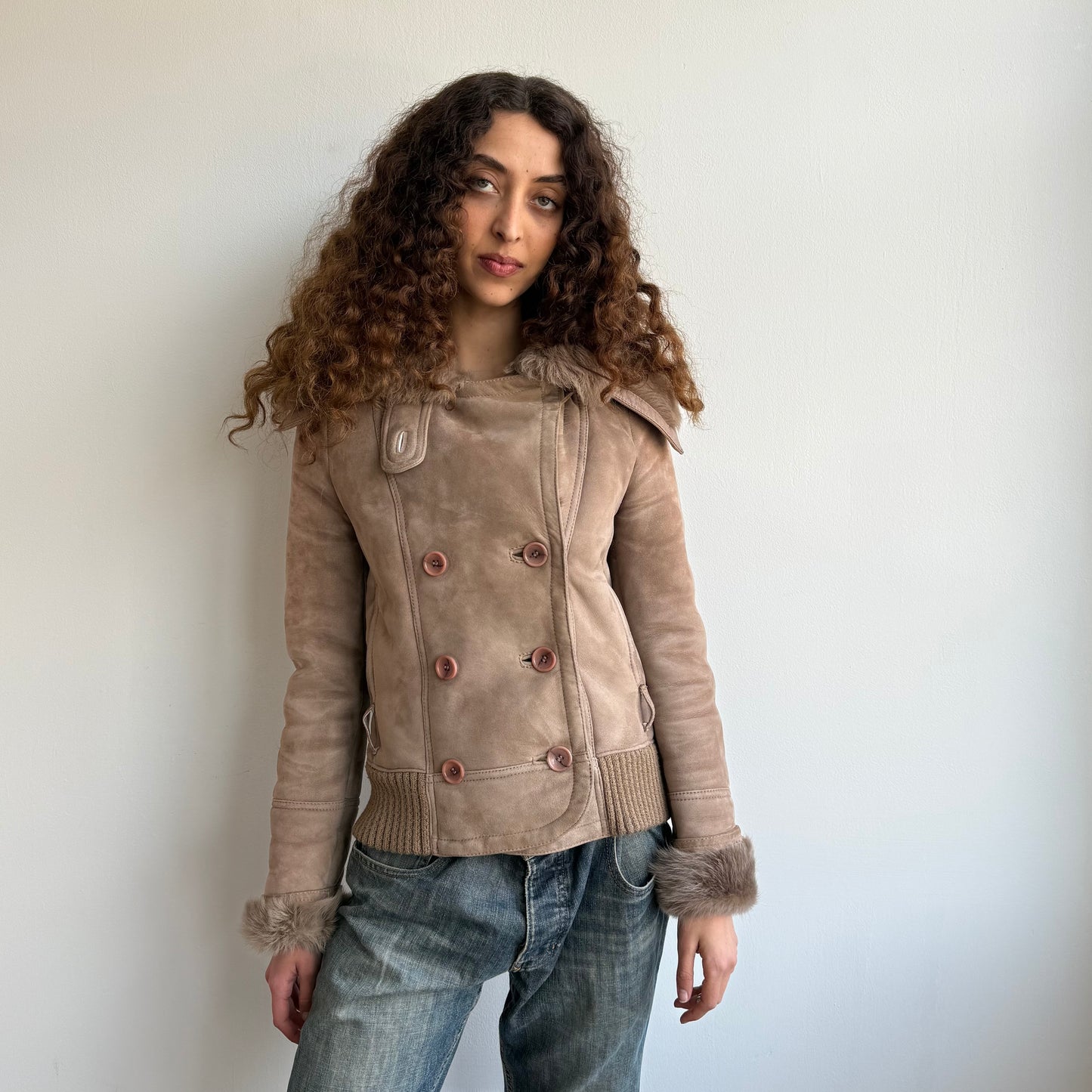 Tan fur suede peacoat - Size S/M