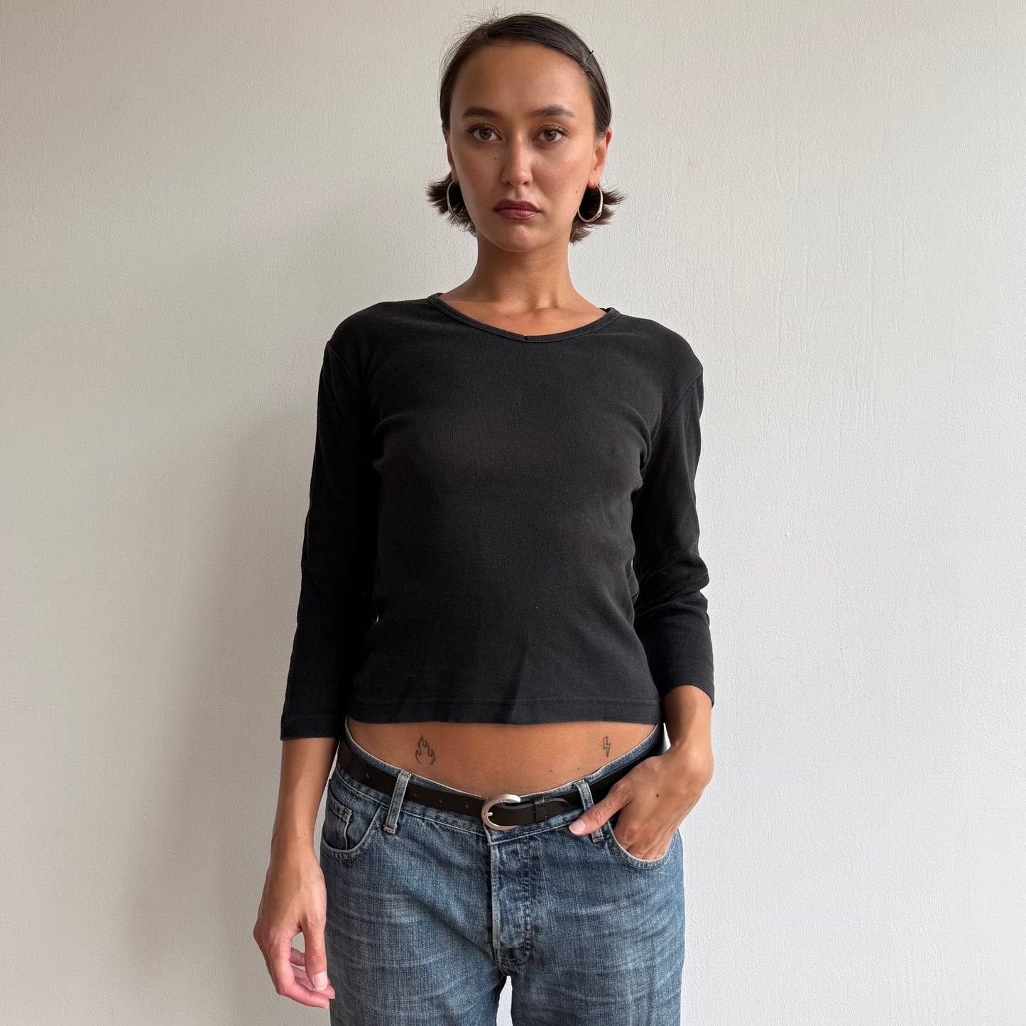 Black 3/4 sleeve v neck top - Size M