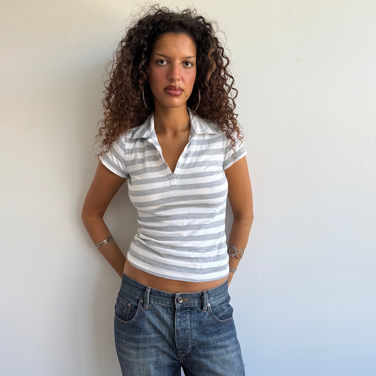 Grey + white stripe polo - Size S + M