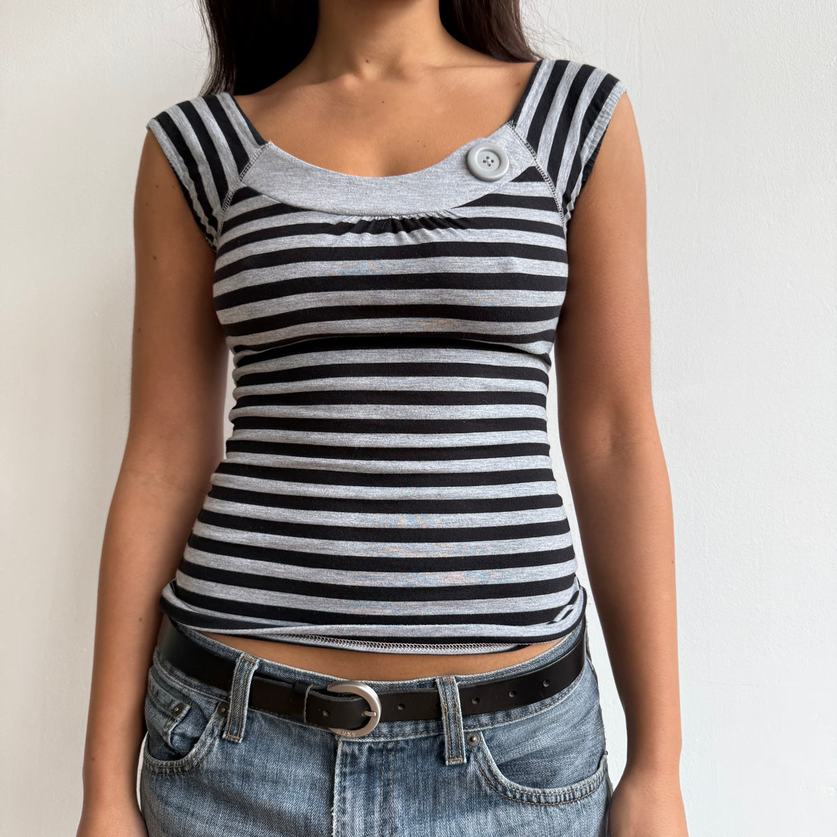 Grey stripe button top - Size XS + S/M