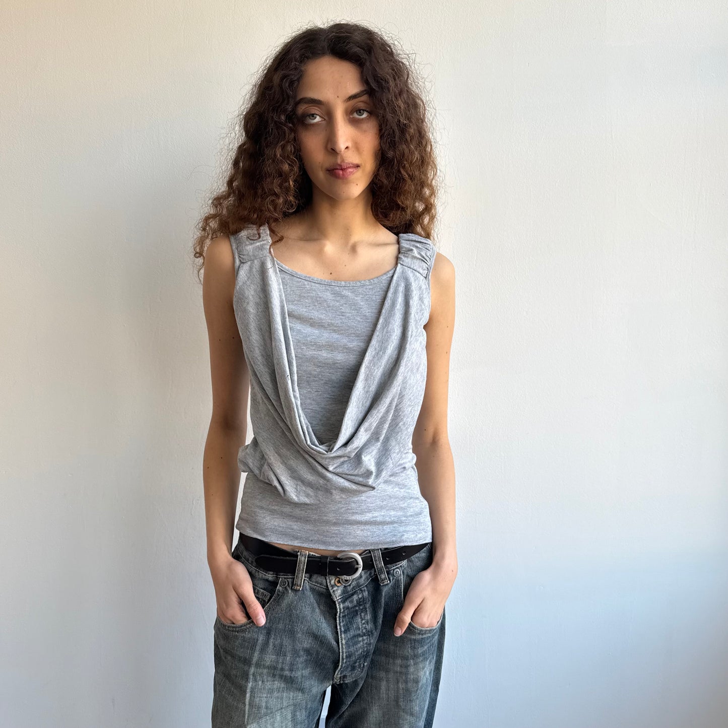 Grey ruched sleeve cowl top - Size S/M