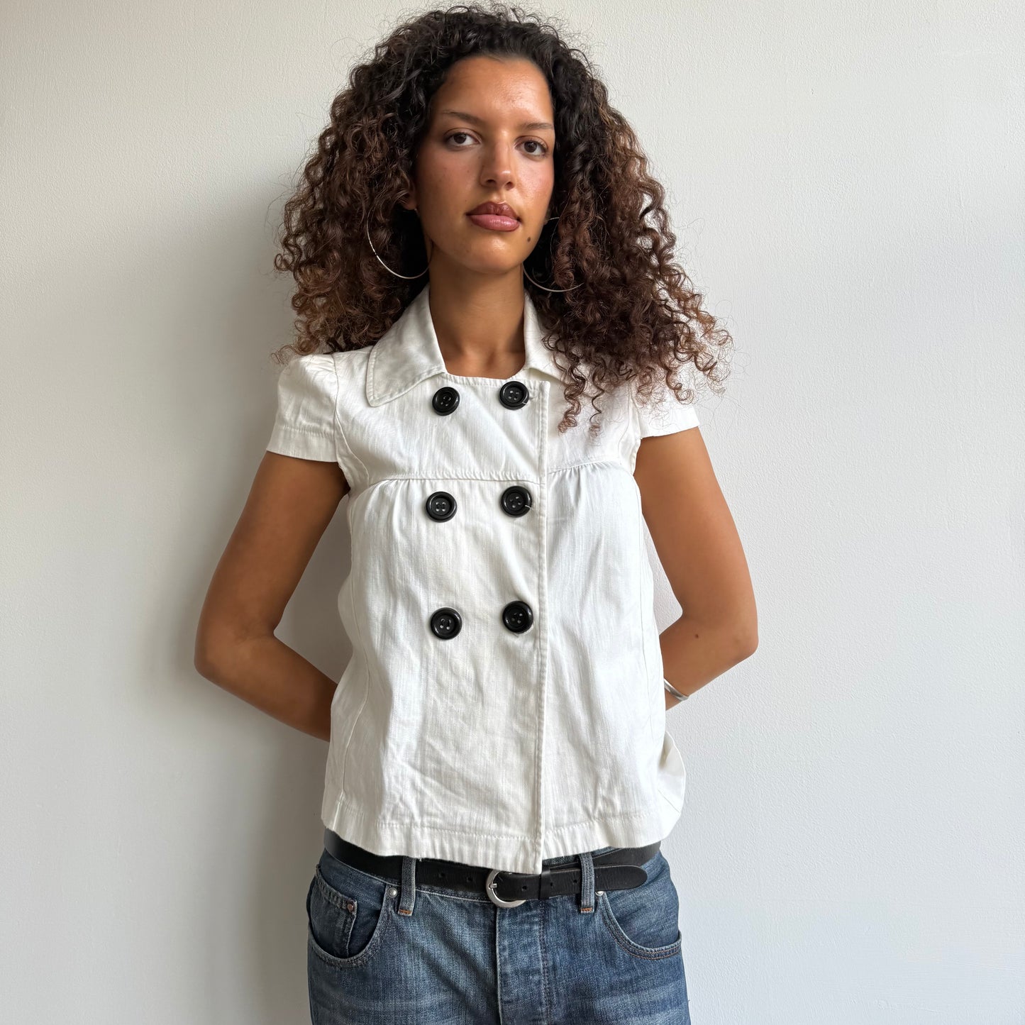 White cotton short sleeve peacoat - Size S
