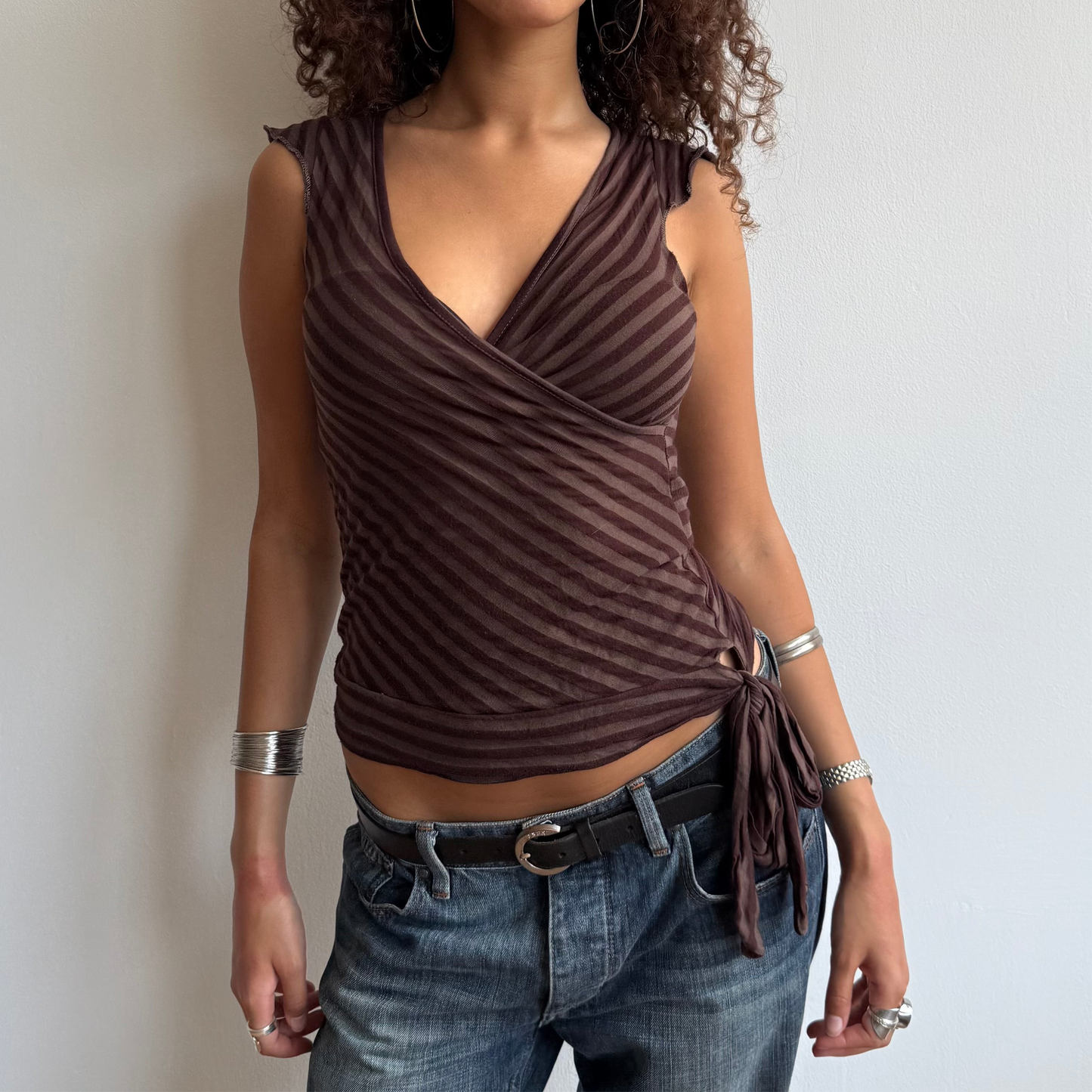 Brown wrap tie-side top - Size S/M