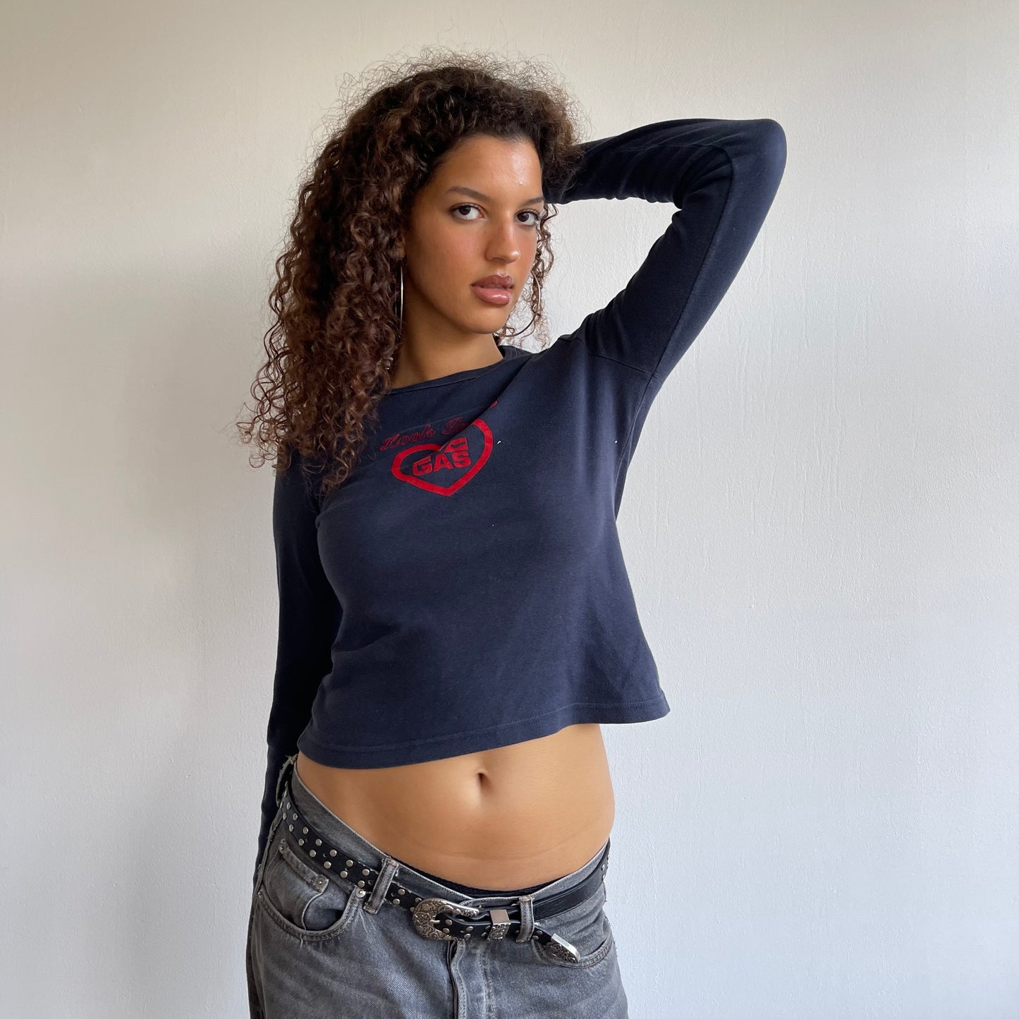 Navy long sleeve graphic top - Size S