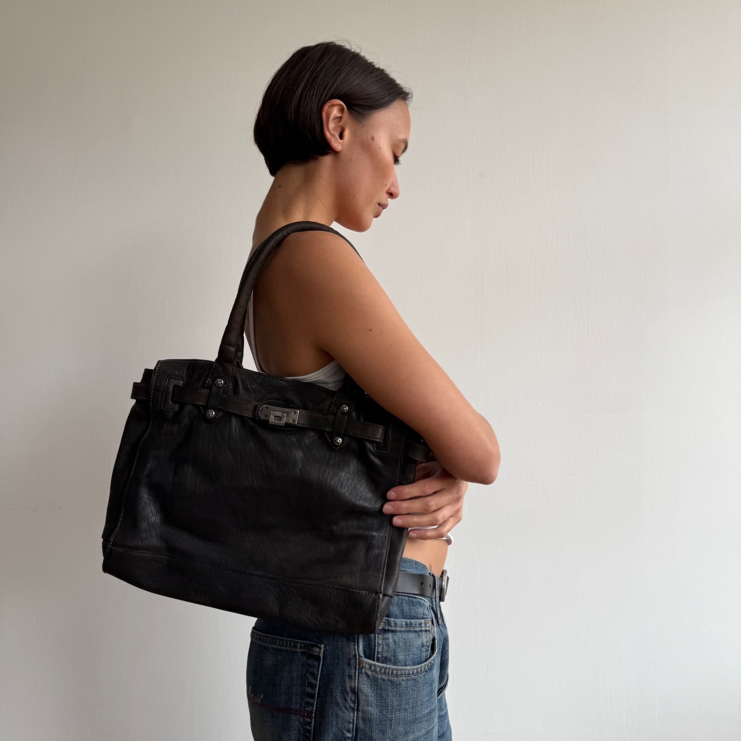 Brown mini leather ‘firkin’ bag - One Size