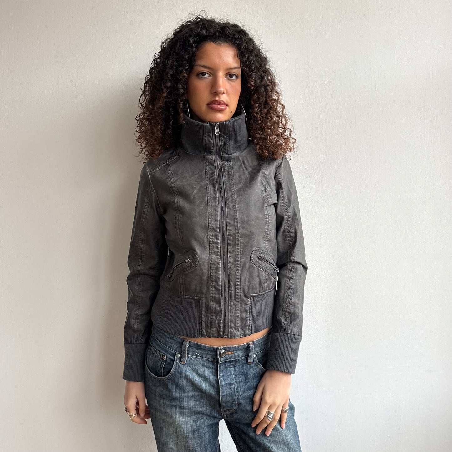 Charcoal faux leather bomber - Size S