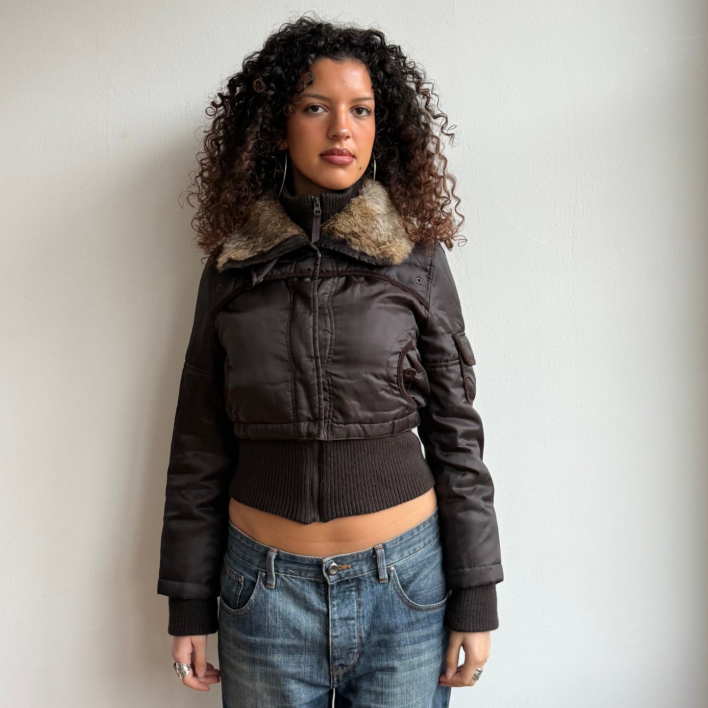 Brown fur collar puffer jacket - Size S