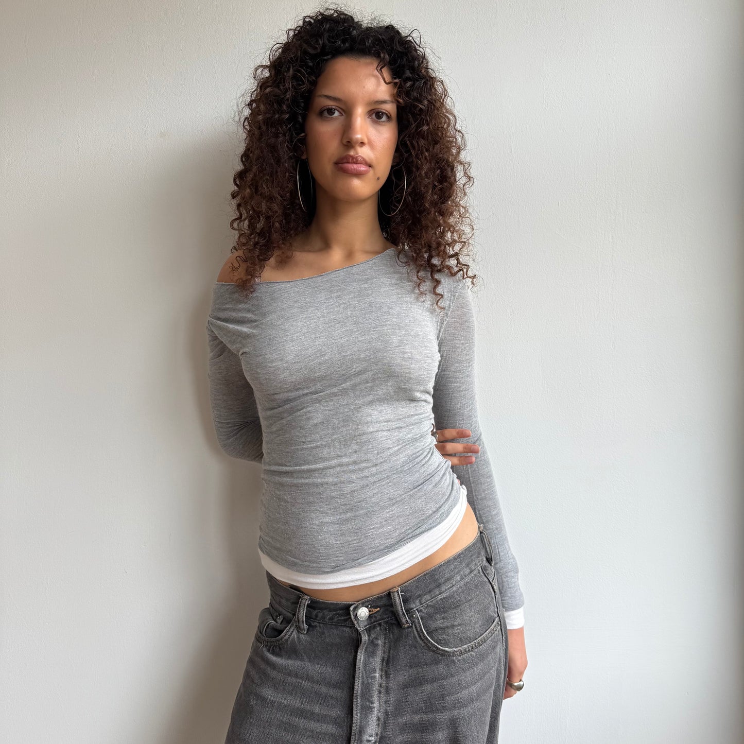 Grey double layer fine knit top - Size S + M