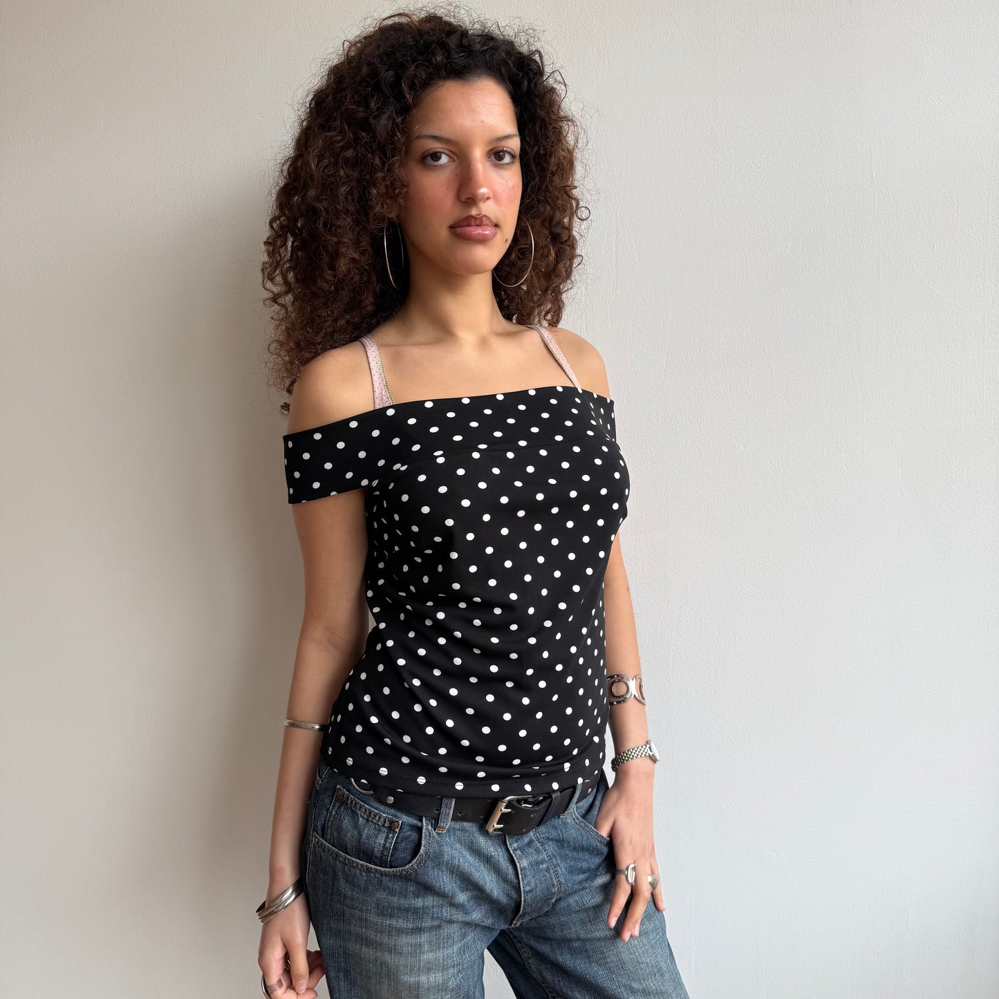Black polka dot Bardot top - Size M