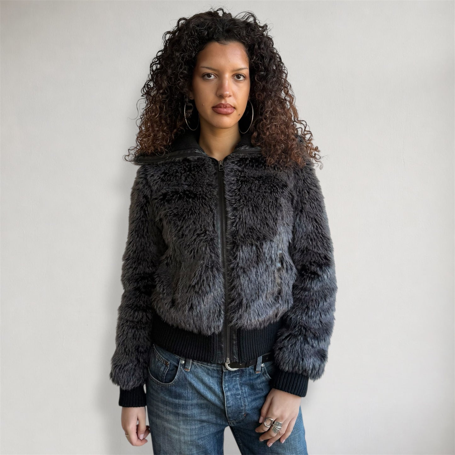 Black fur bomber - Size M