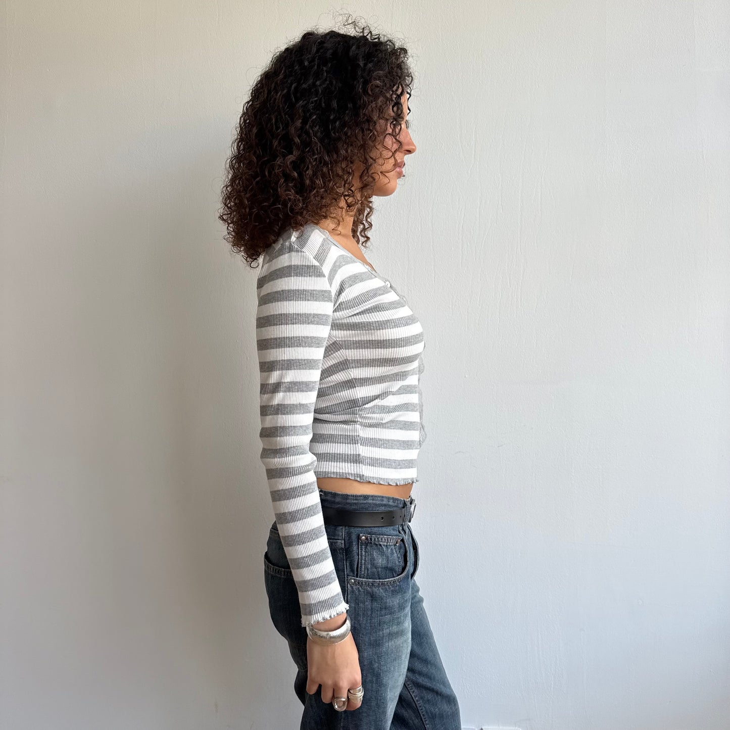 Grey + white stripe cardi - Size S