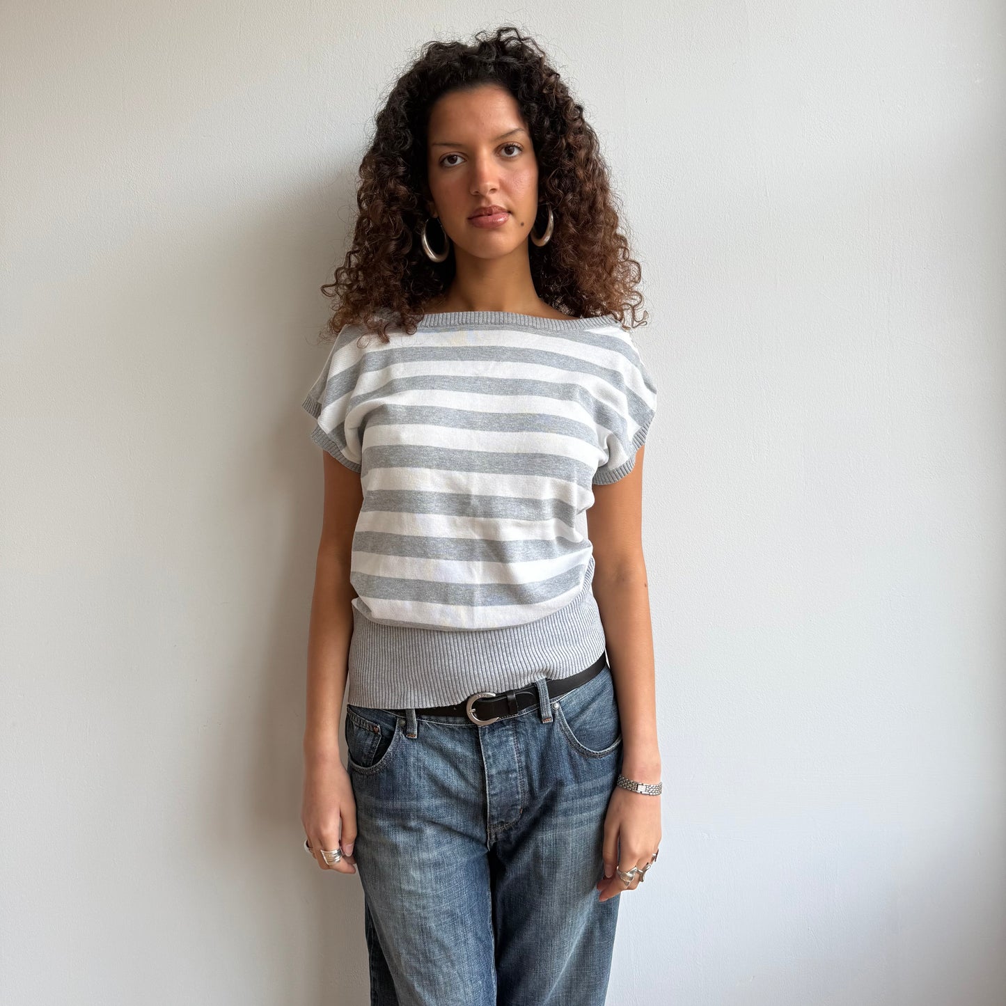 Grey + white stripe slouchy knit - Size M