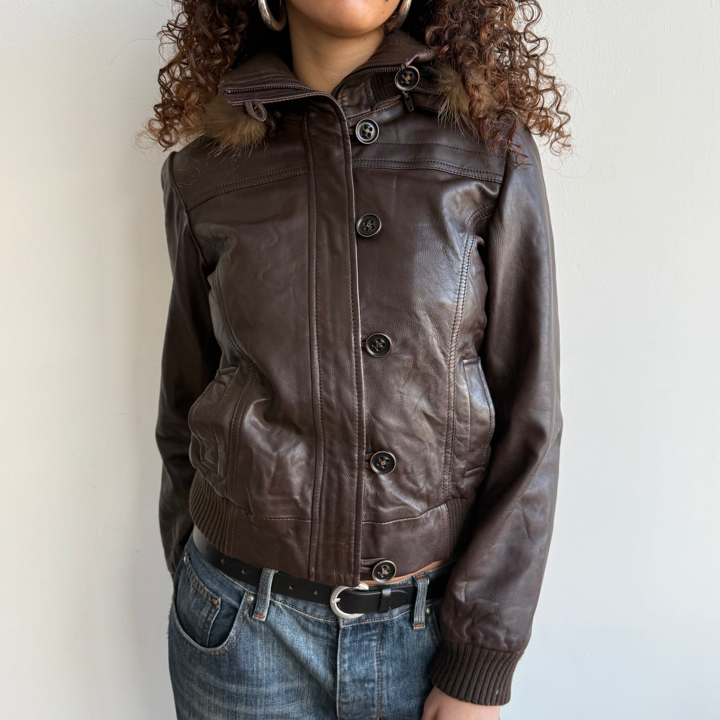 Chestnut brown leather fur hood bomber - Size S/M
