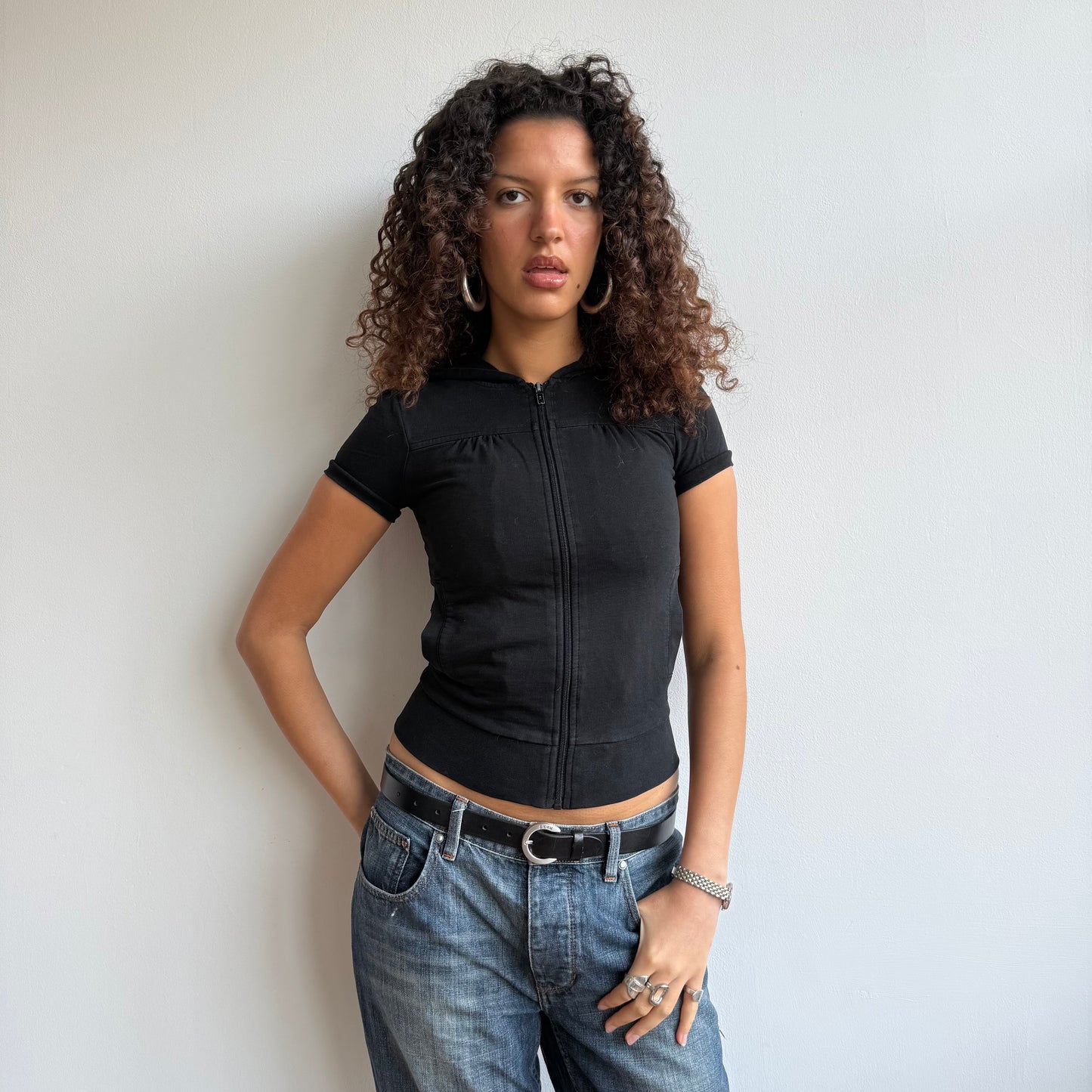 Black short sleeve zip hoodie - Size XS