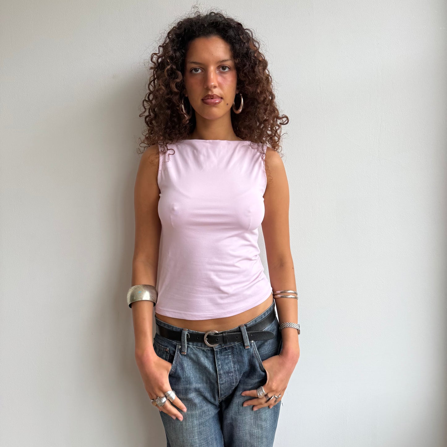 Pink slinky bateau neck top - Size S/M