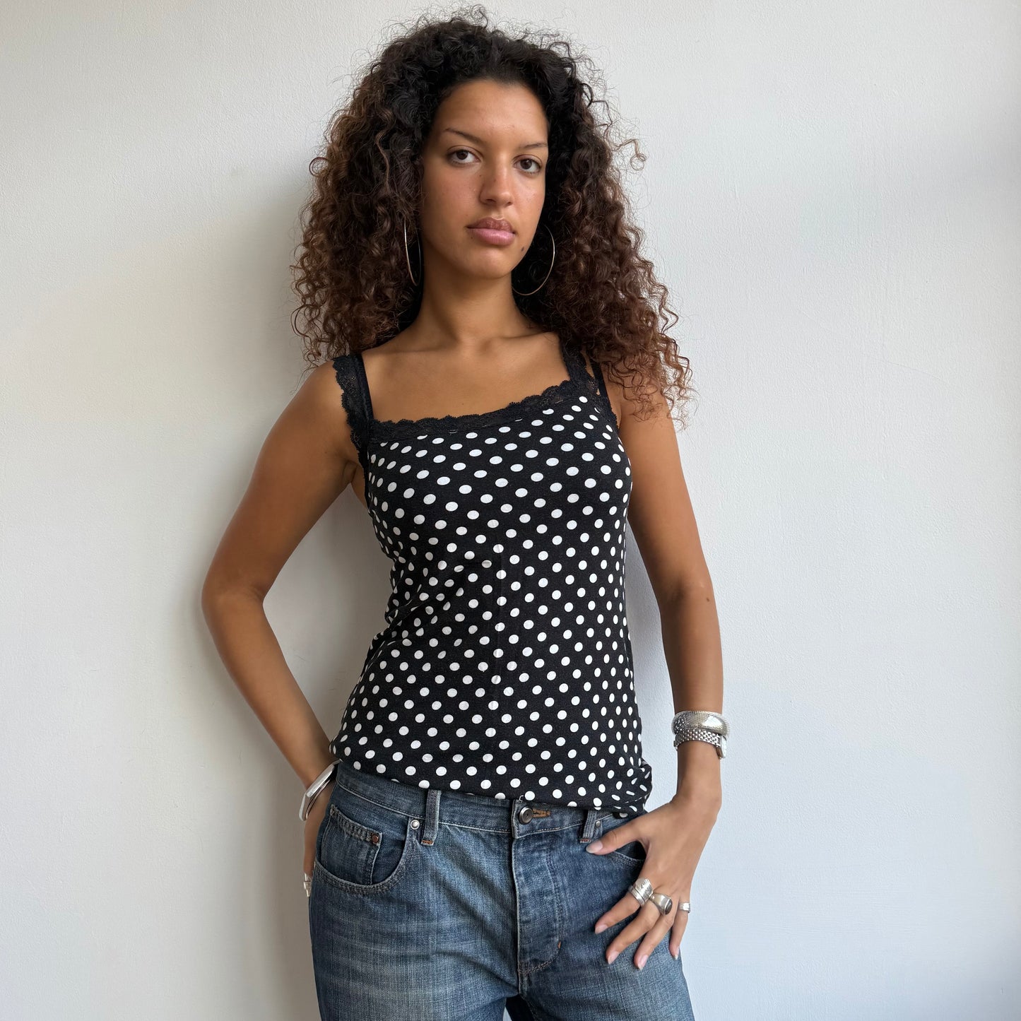 Black polka dot lace cami - Size M