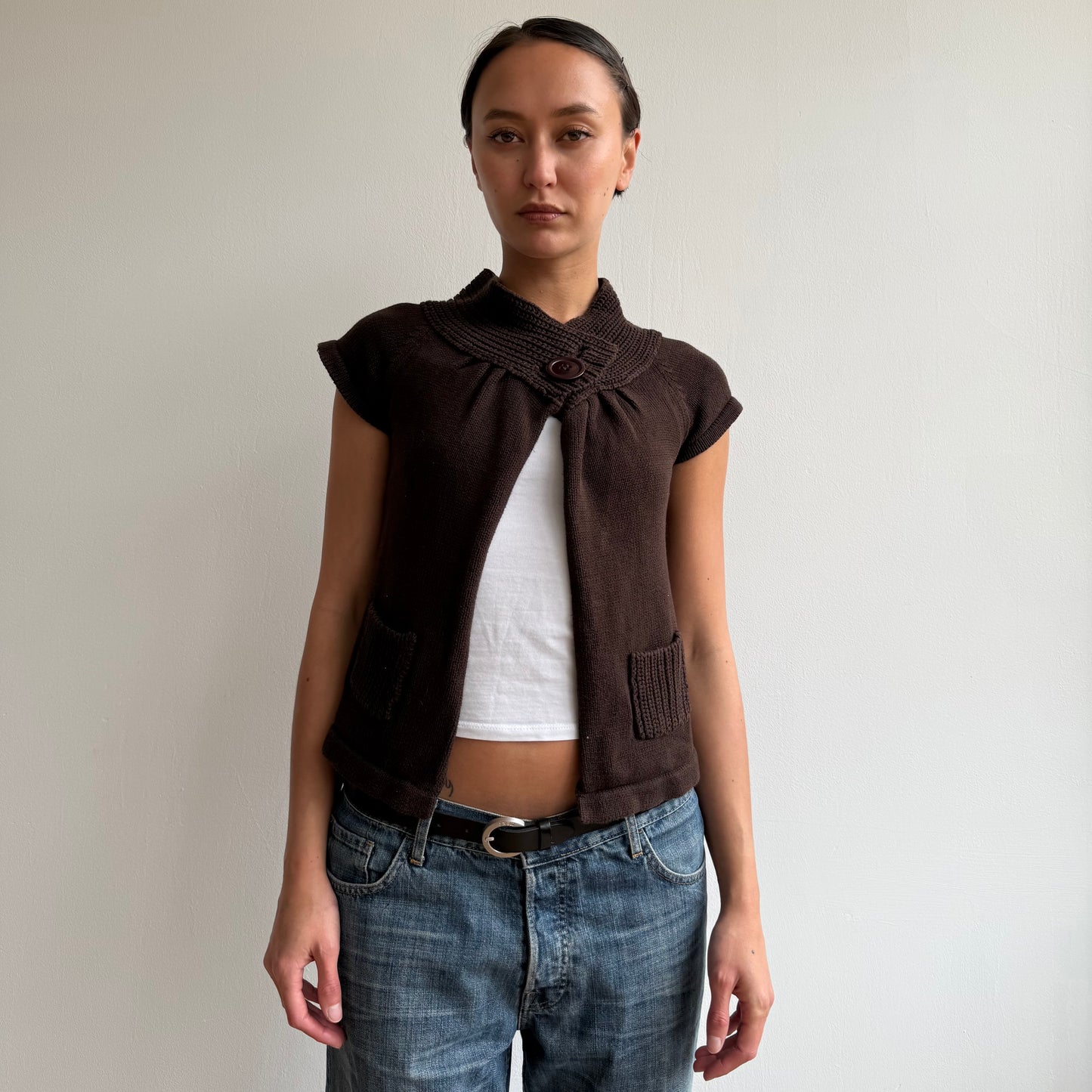 Brown button open front knit - Size S