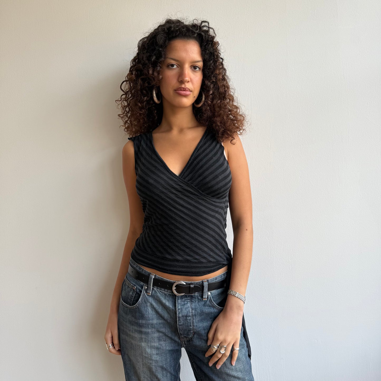 Black + grey stripe wrap top - Size S