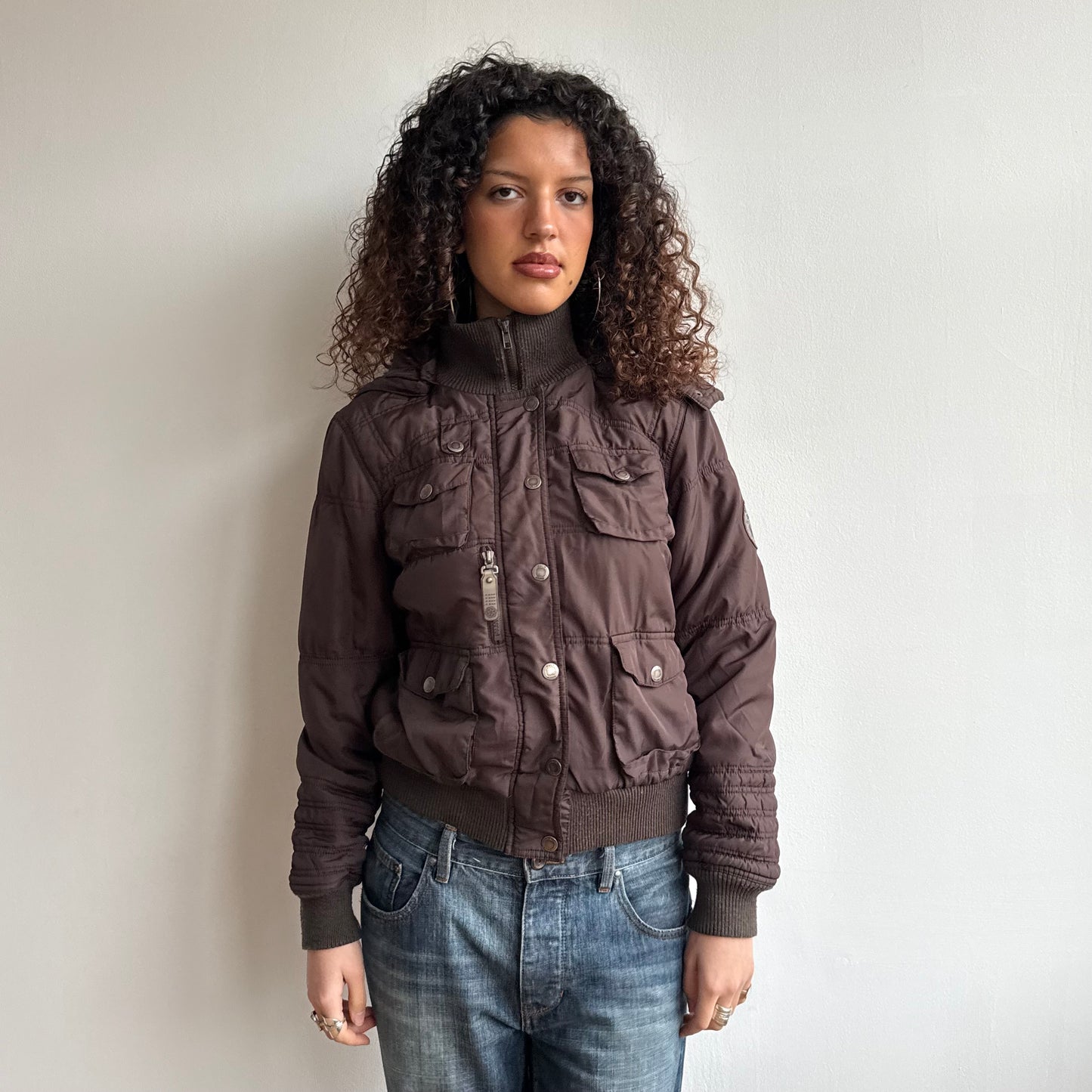 Brown faux fur hood bomber - Size S