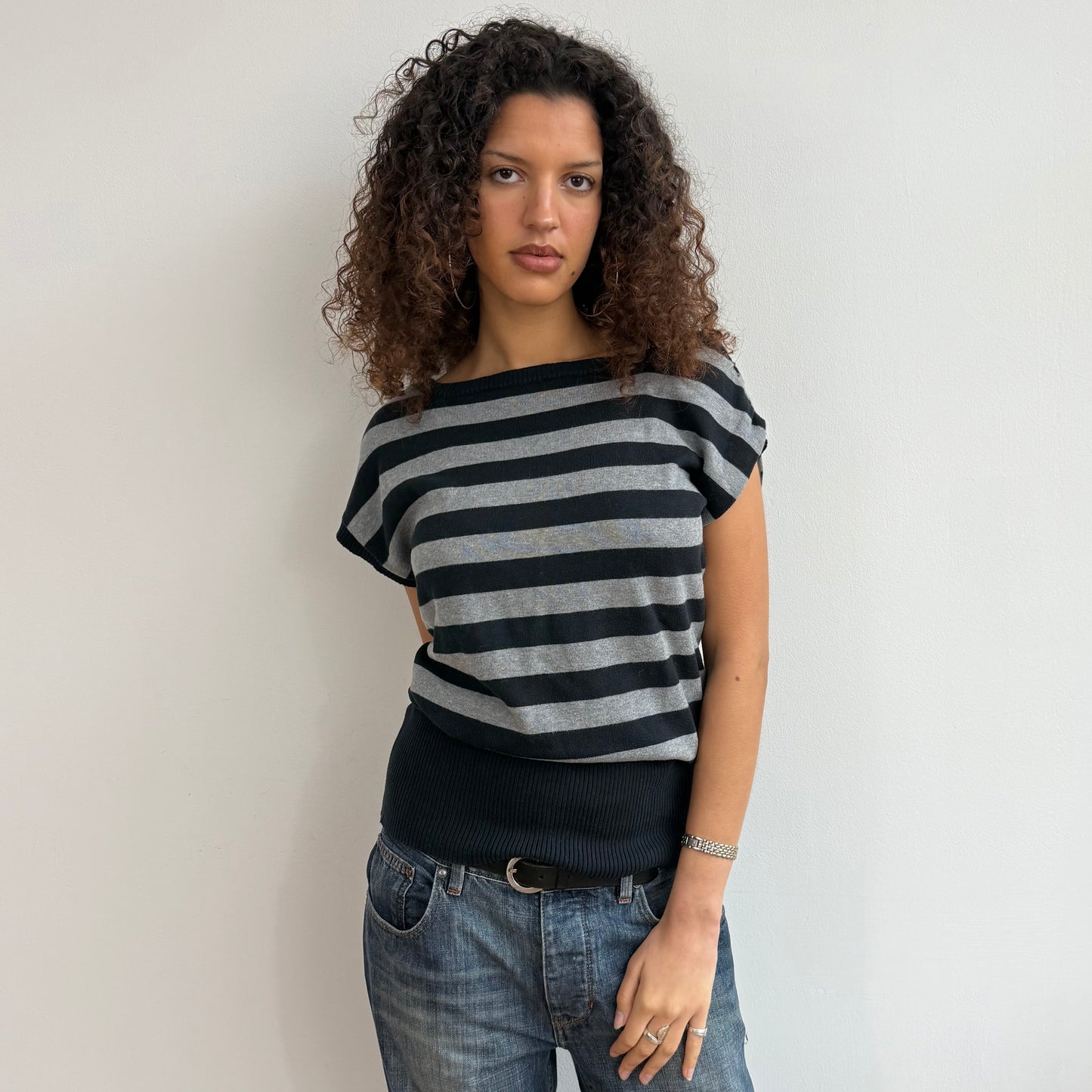Black + grey stripe short sleeve knit - Size M