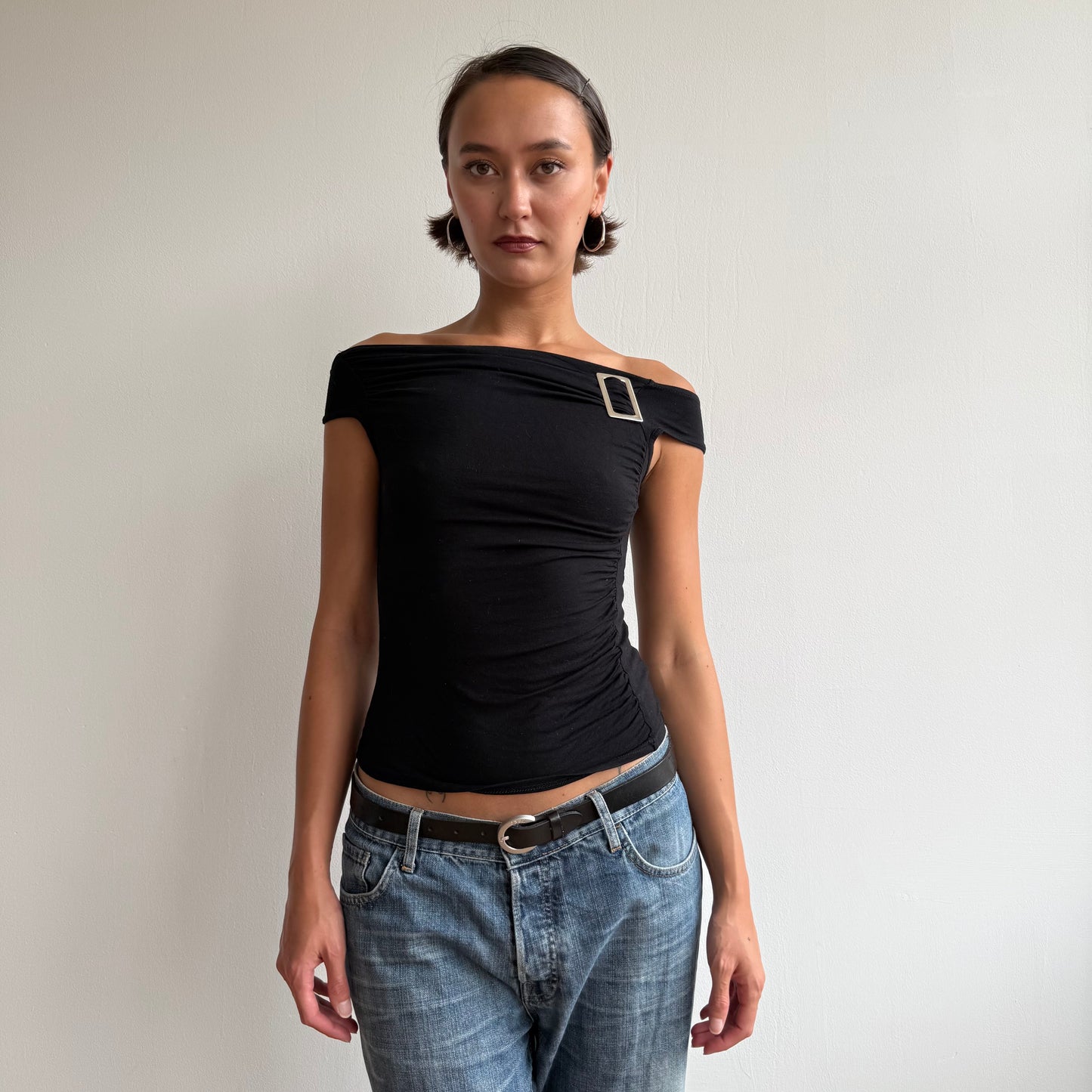 Black bardot buckle tee - Size S