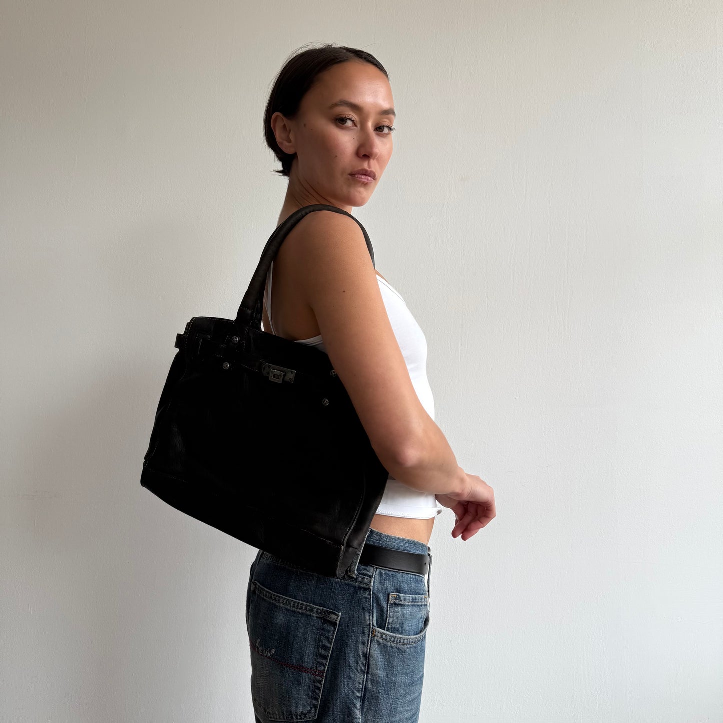 Brown mini leather ‘firkin’ bag - One Size