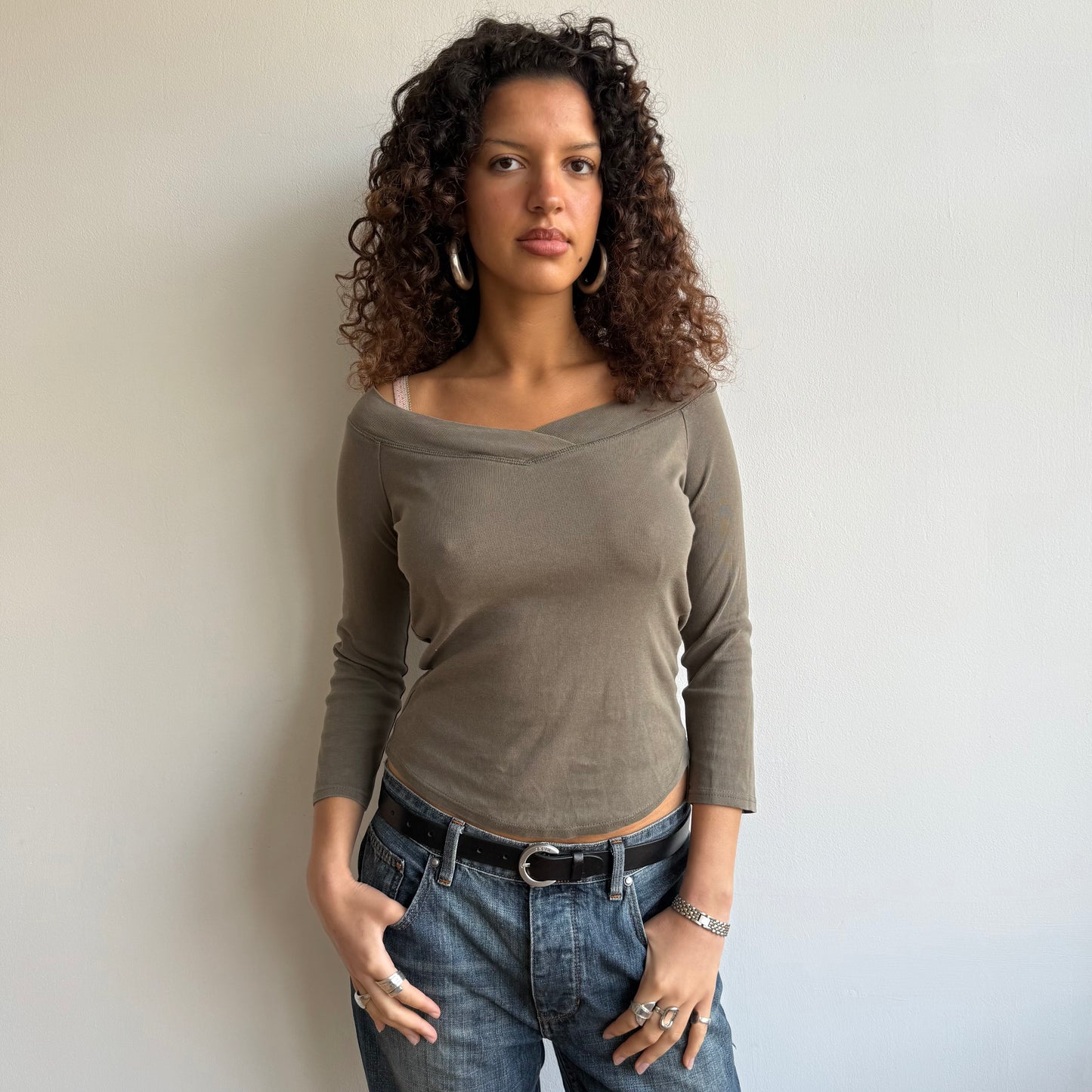 Khaki 3/4 sleeve top - Size S