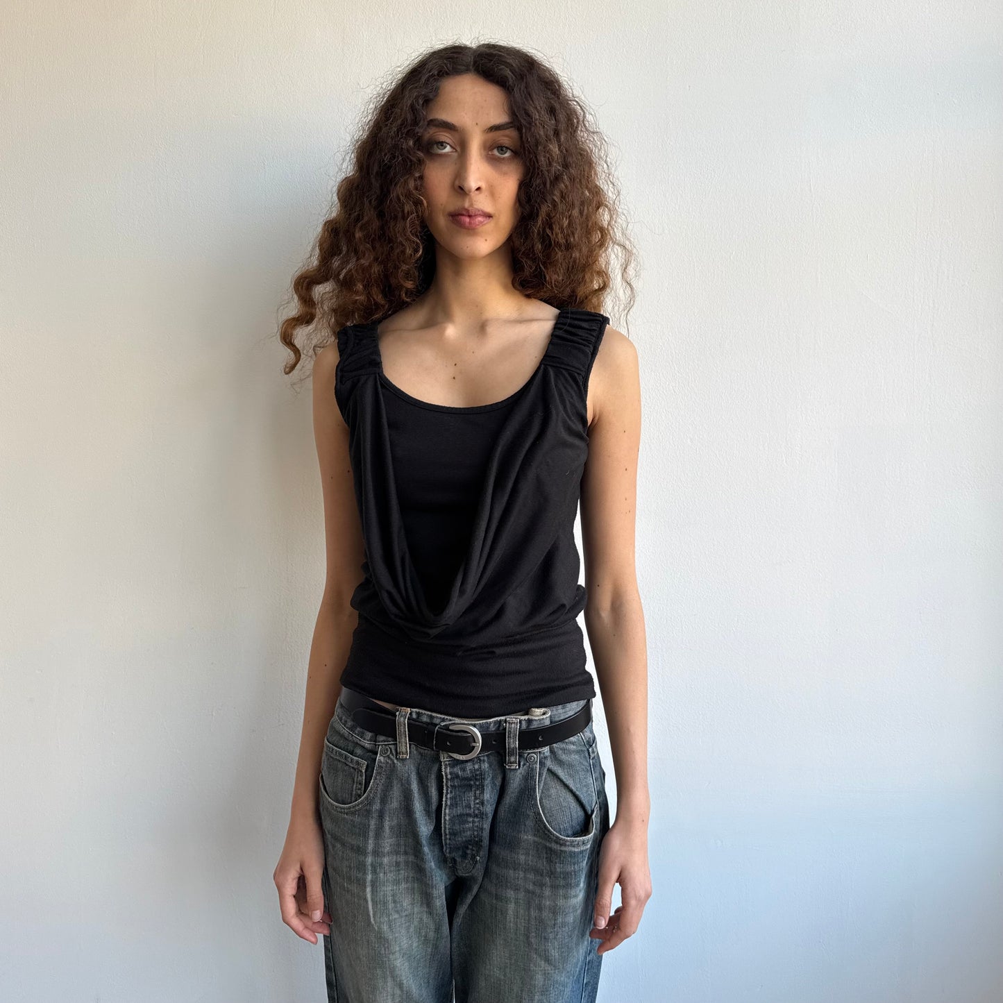 Black ruched sleeve cowl top - Size S/M