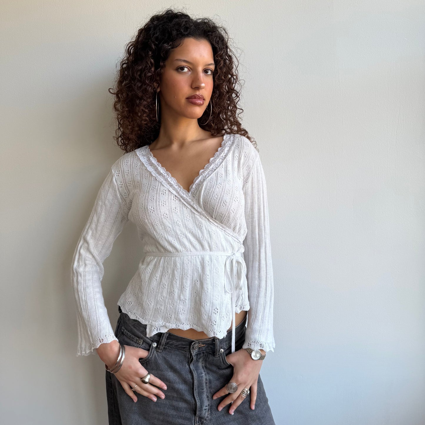 White pointelle wrap cardi - Size M